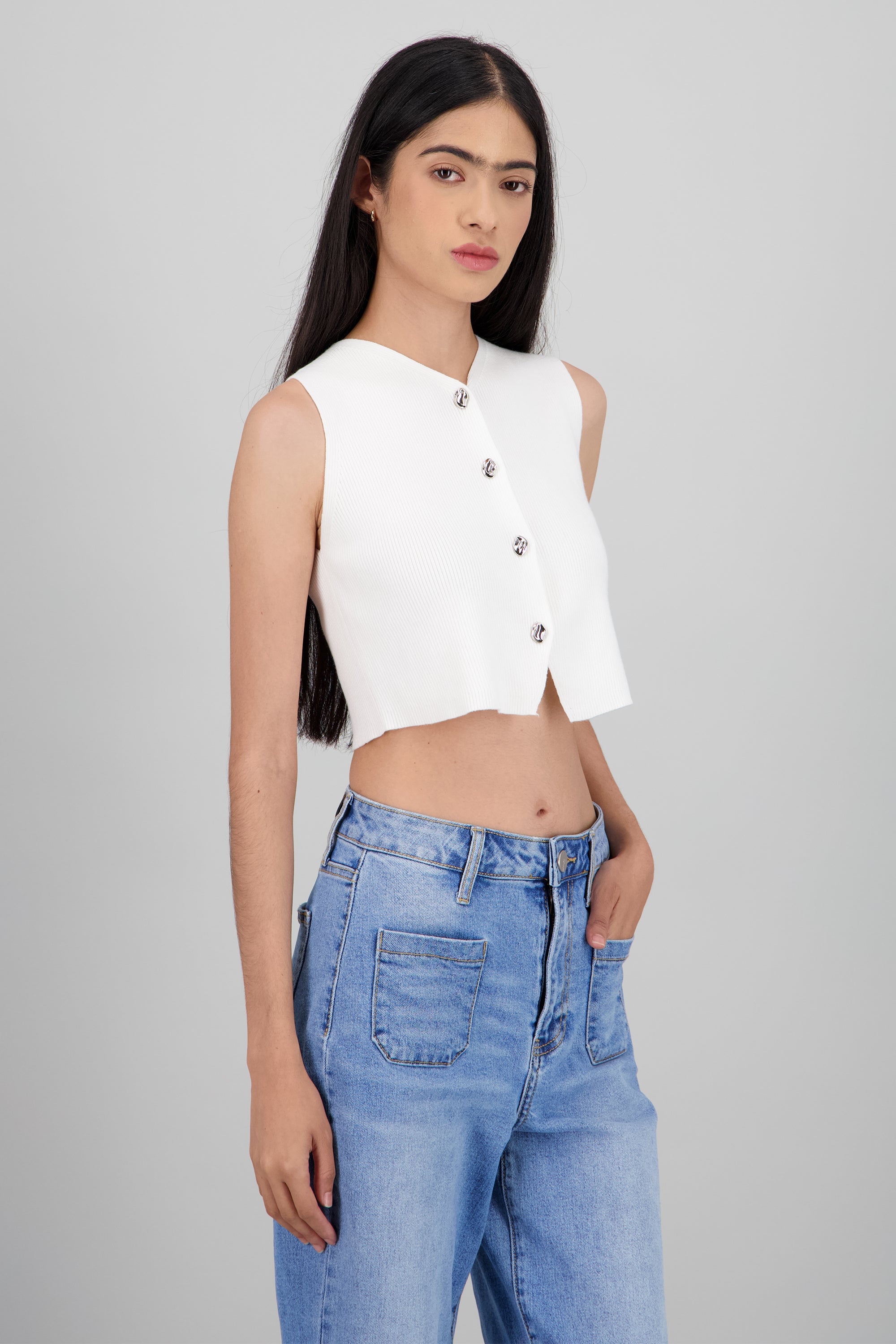 Top tejido rib con botones BLANCO