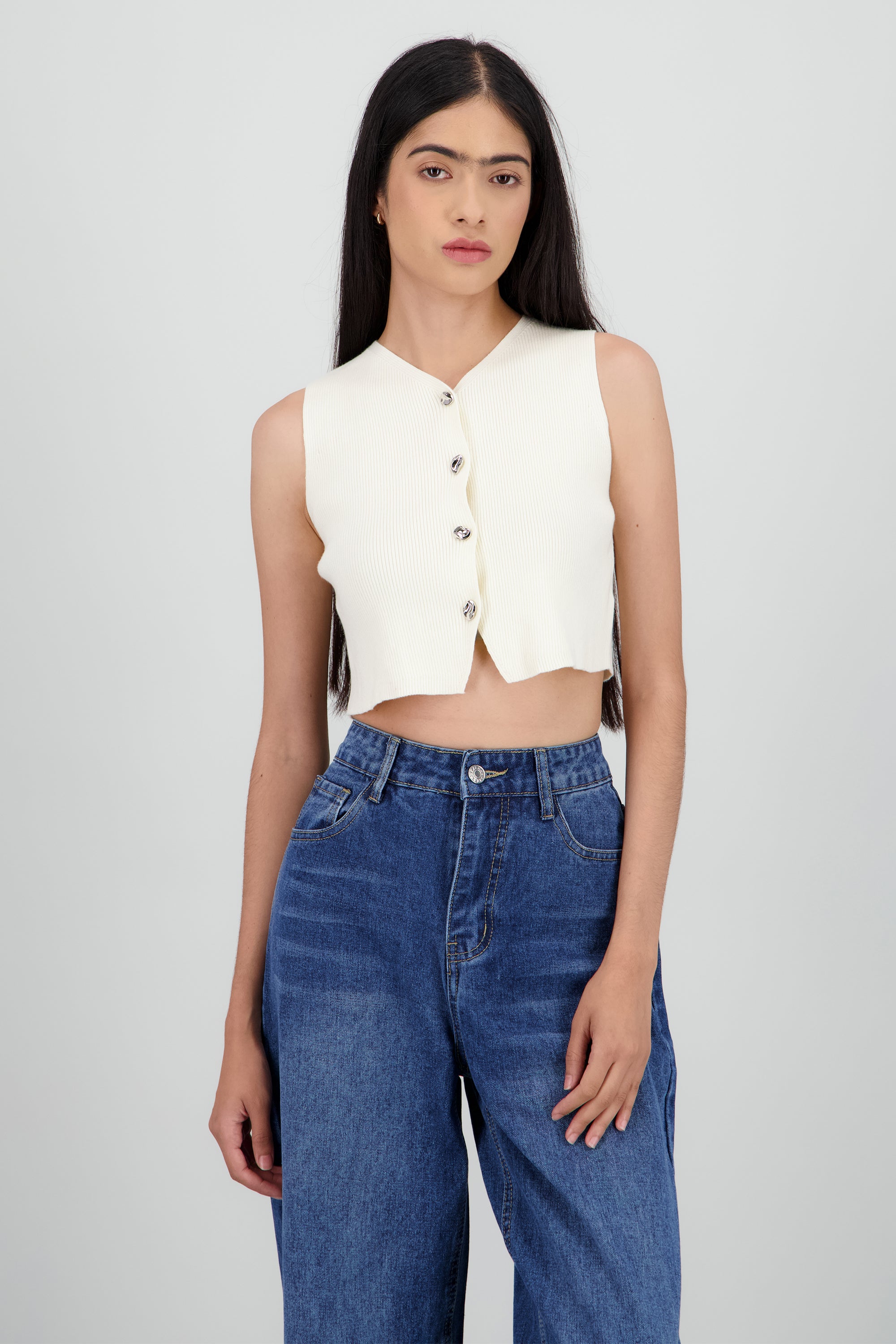 Top tejido rib con botones HUESO