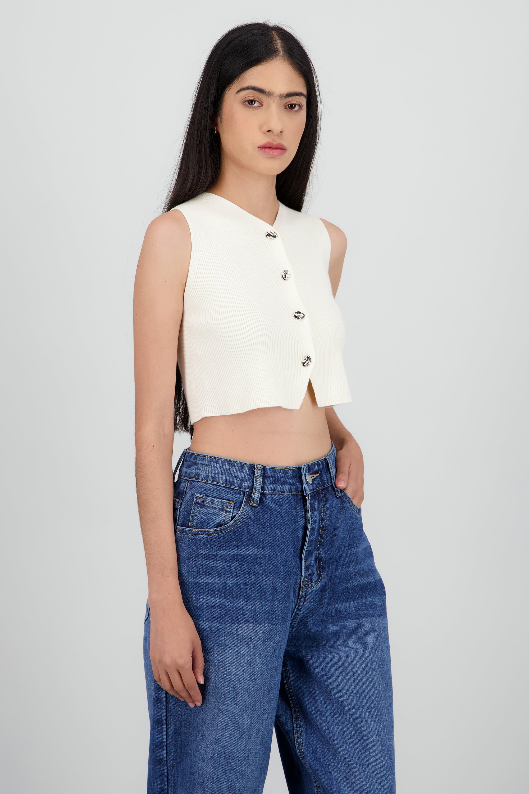 Top tejido rib con botones HUESO