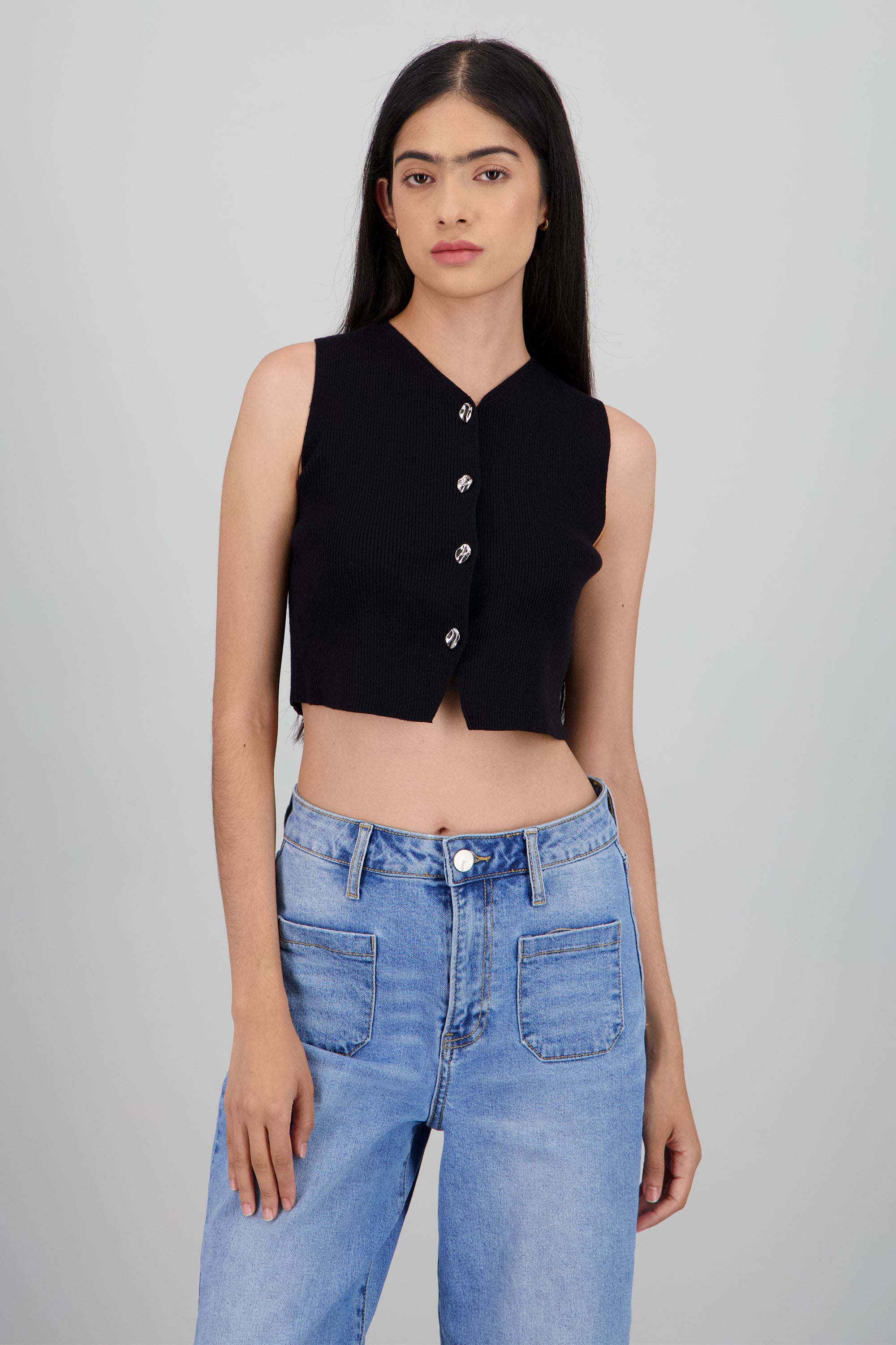 Top tejido rib con botones NEGRO