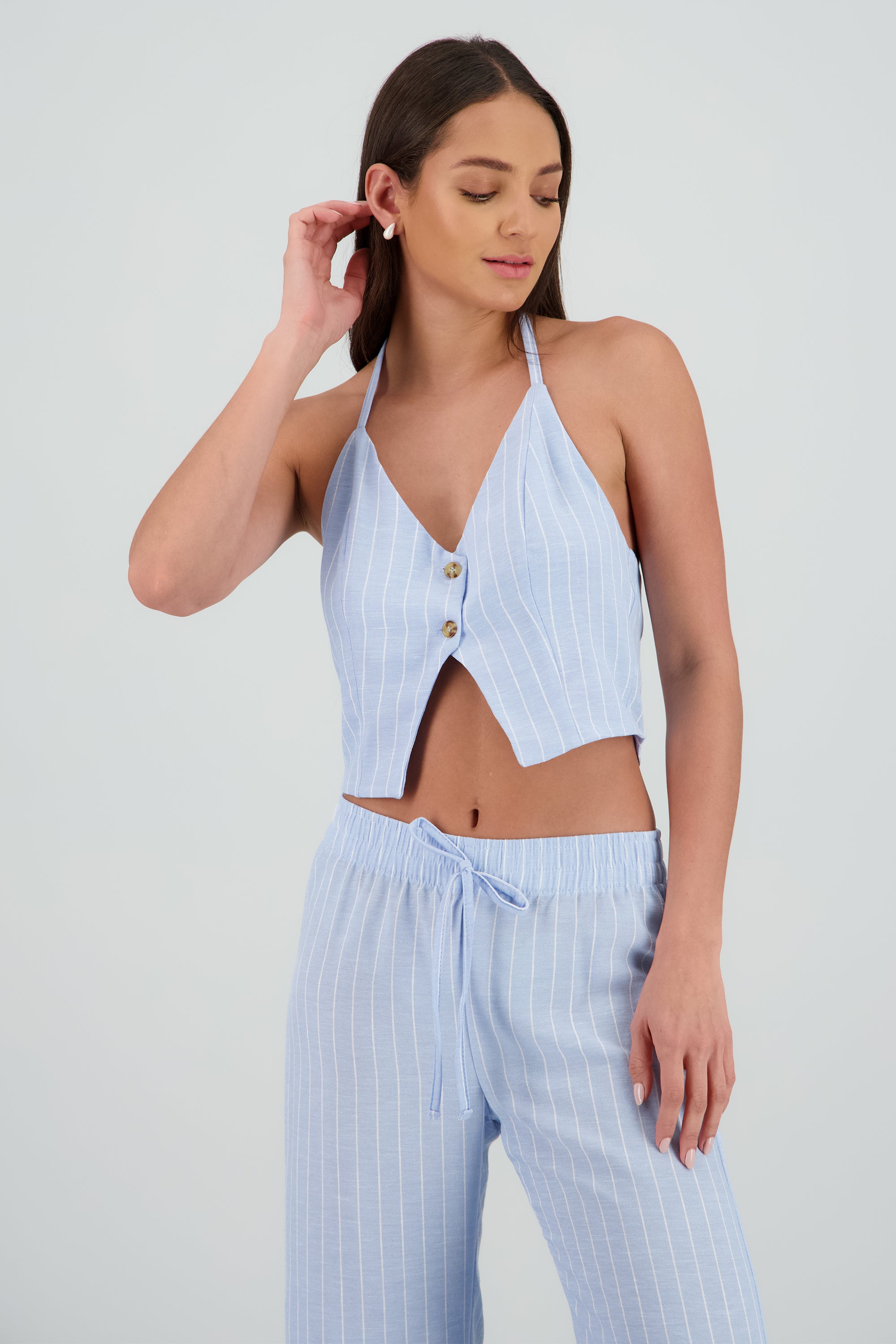 Top halter rayas botones AZUL PASTEL