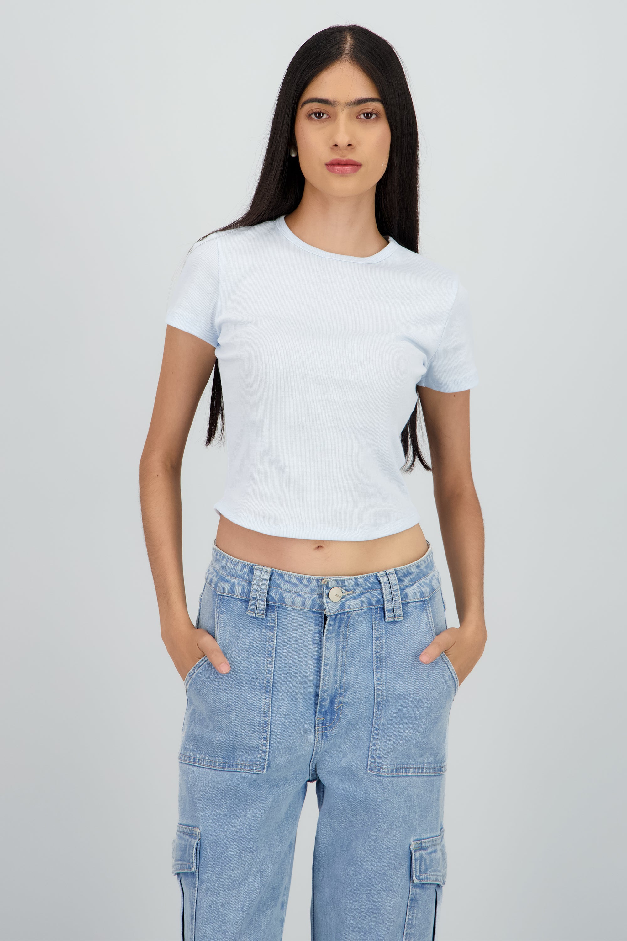 Top de rib manga corta escote redondo AZUL PASTEL