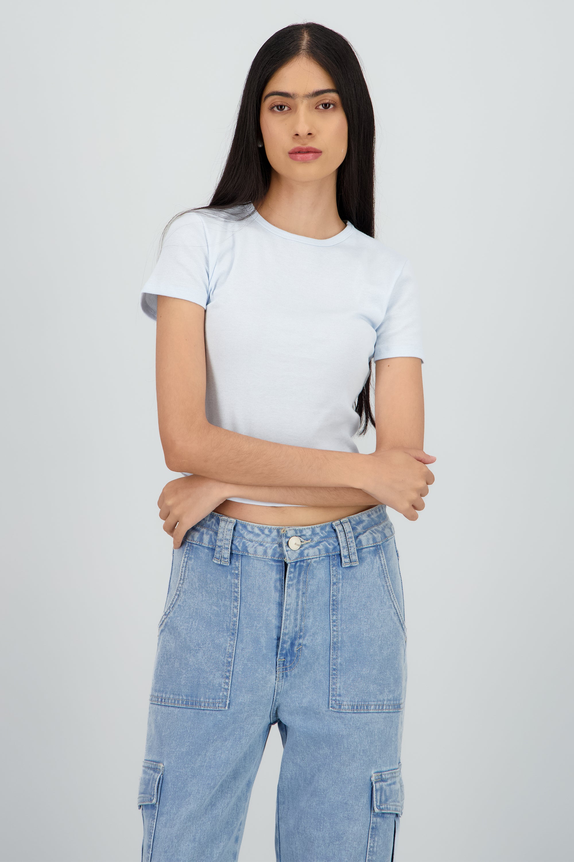 Top de rib manga corta escote redondo AZUL PASTEL