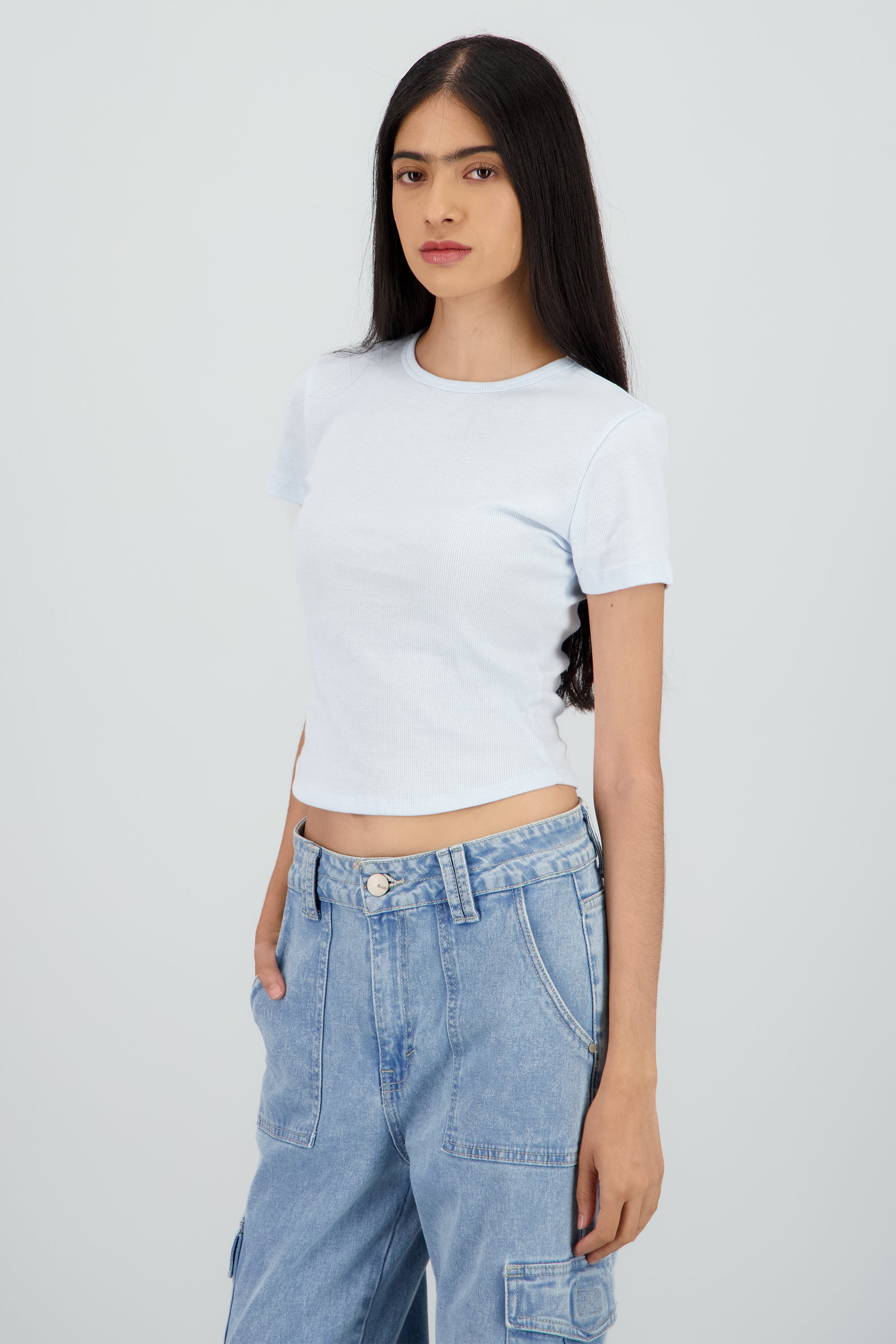 Top de rib manga corta escote redondo AZUL PASTEL