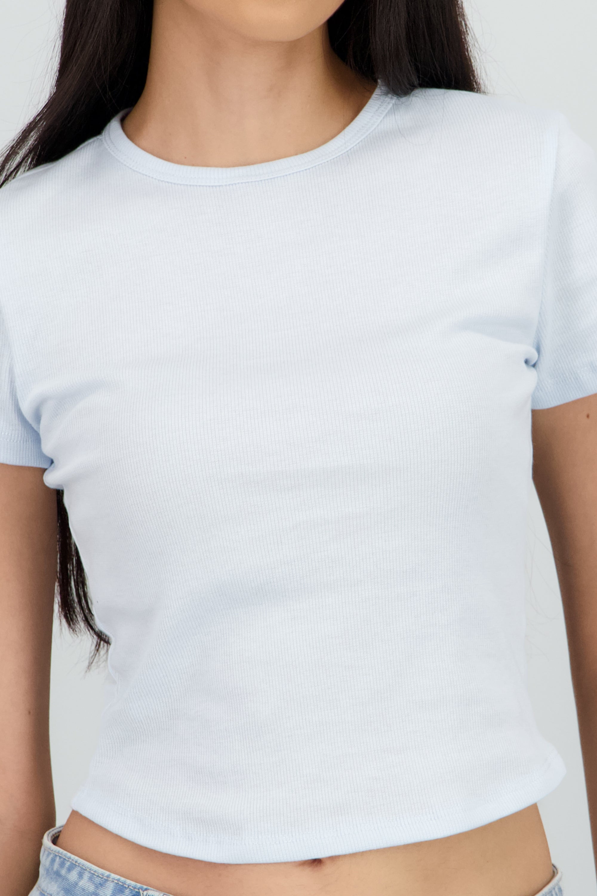 Top de rib manga corta escote redondo AZUL PASTEL