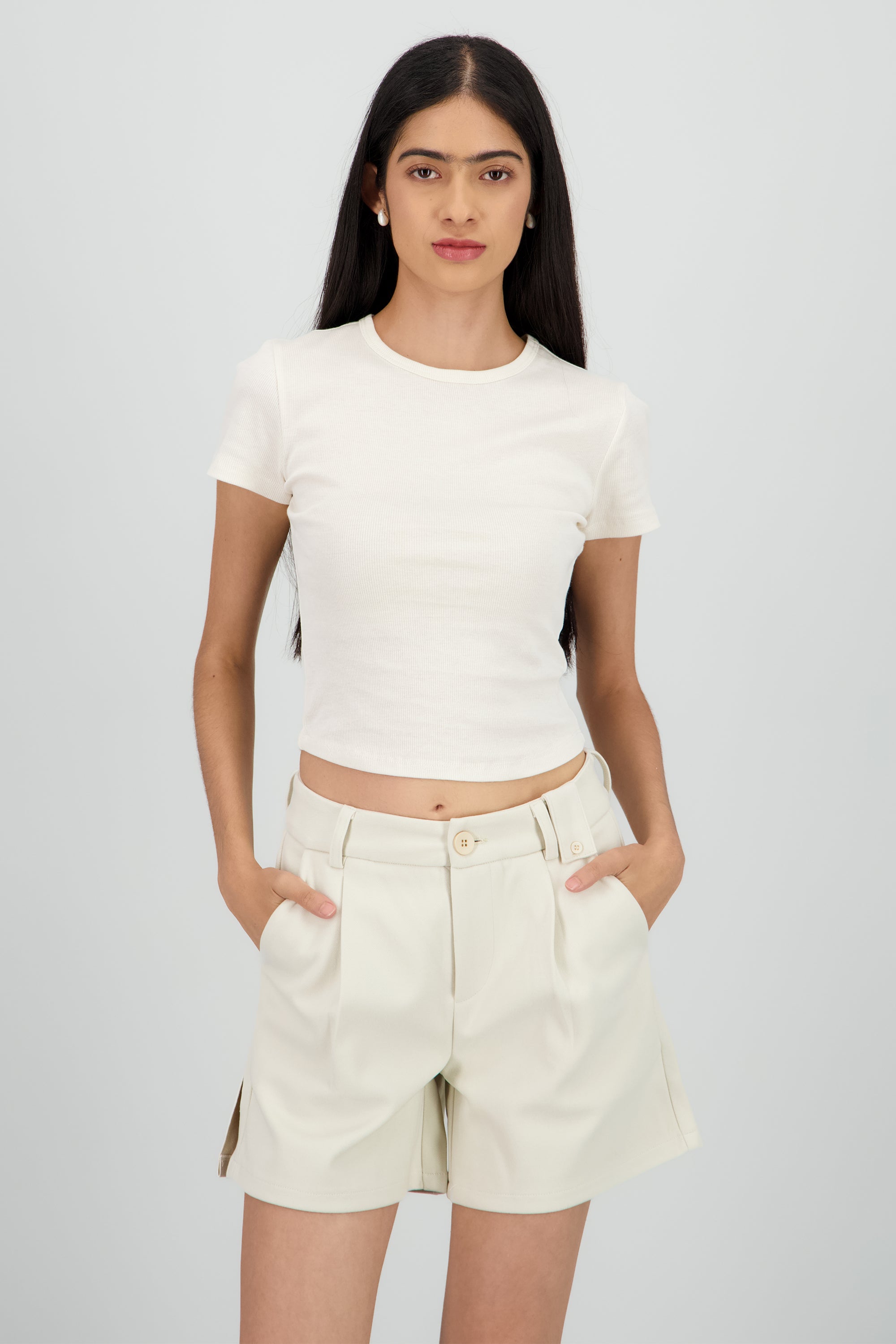 Top de rib manga corta escote redondo HUESO