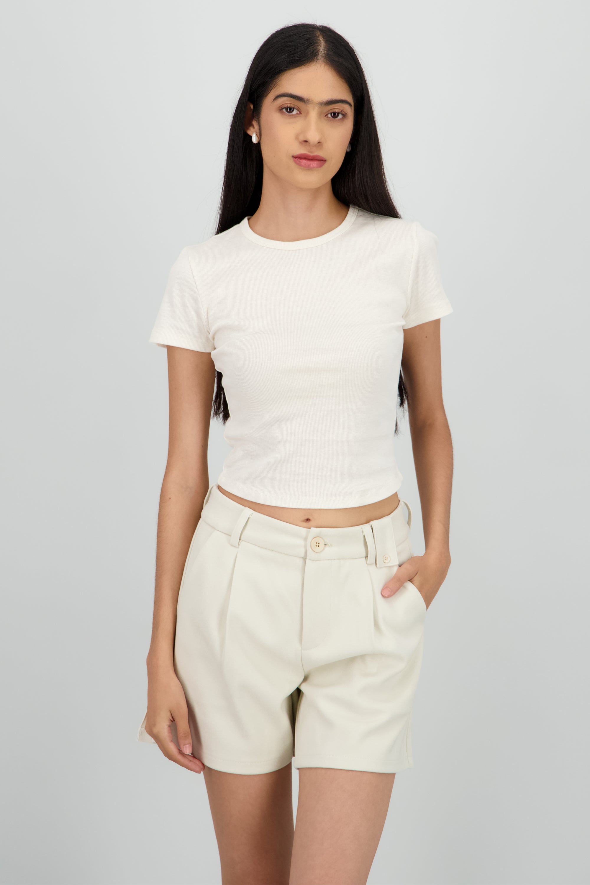 Top de rib manga corta escote redondo HUESO