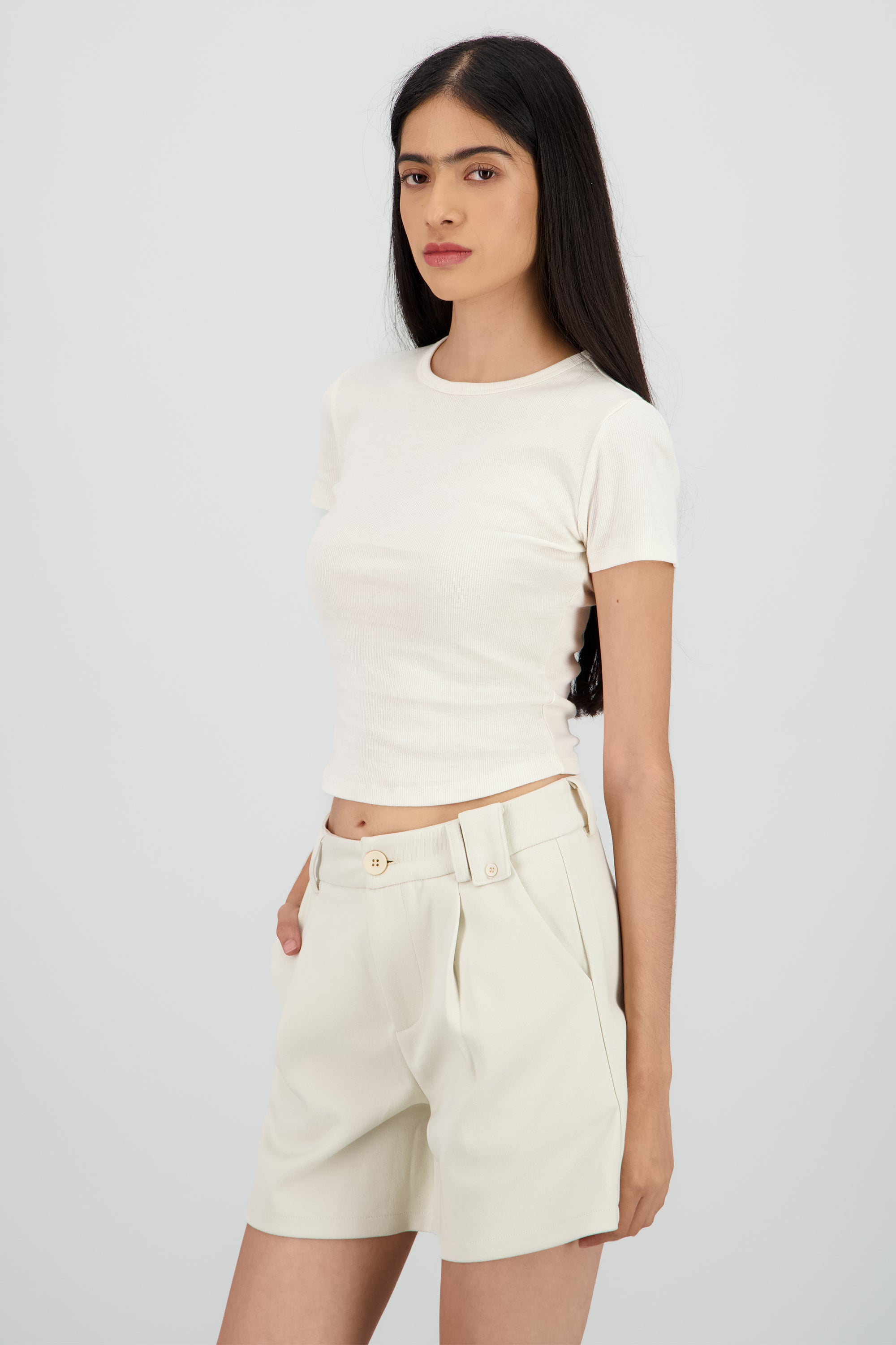 Top de rib manga corta escote redondo HUESO