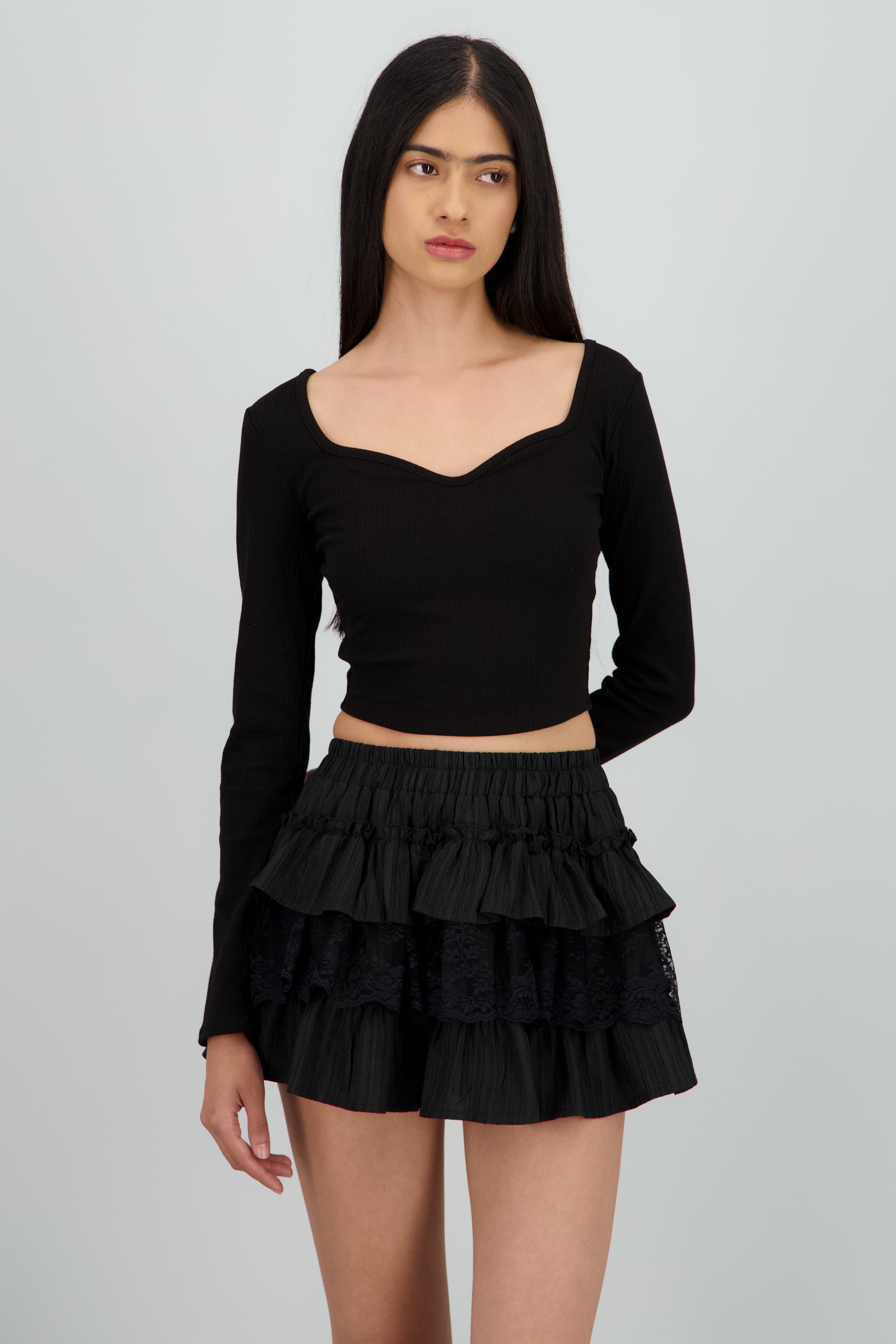 Top rib manga larga escote corazon NEGRO