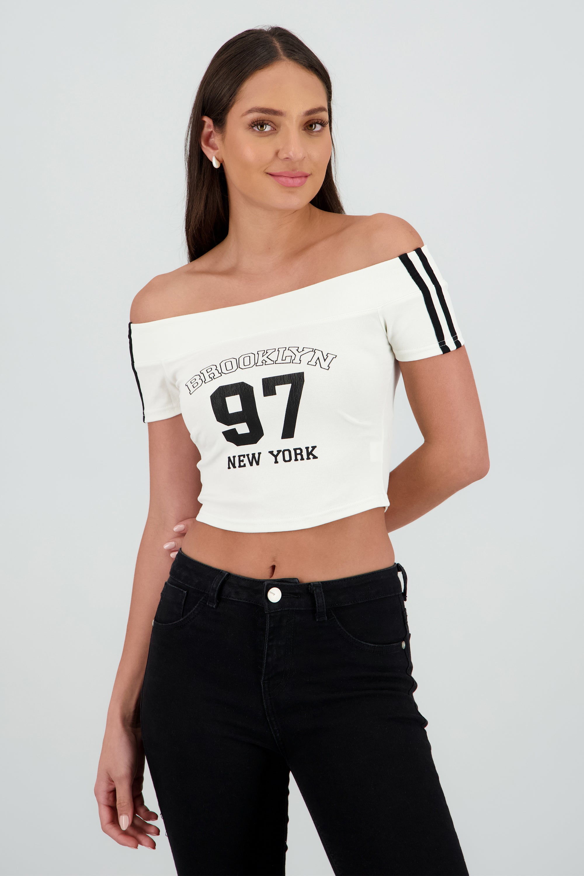 Top off shoulder manga corta numero BLANCO COMBO