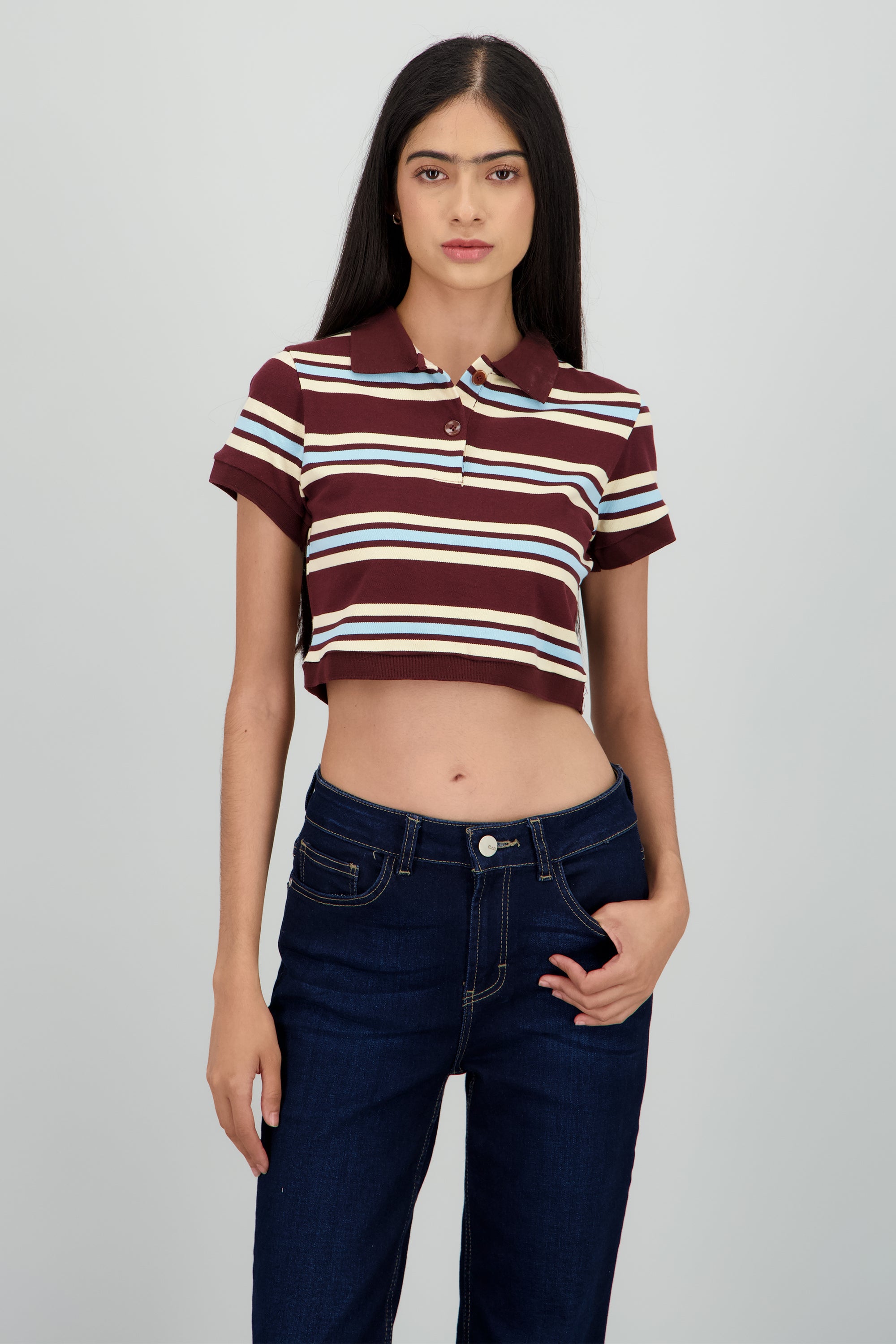 Top cuello polo rayas CHOCOLATE