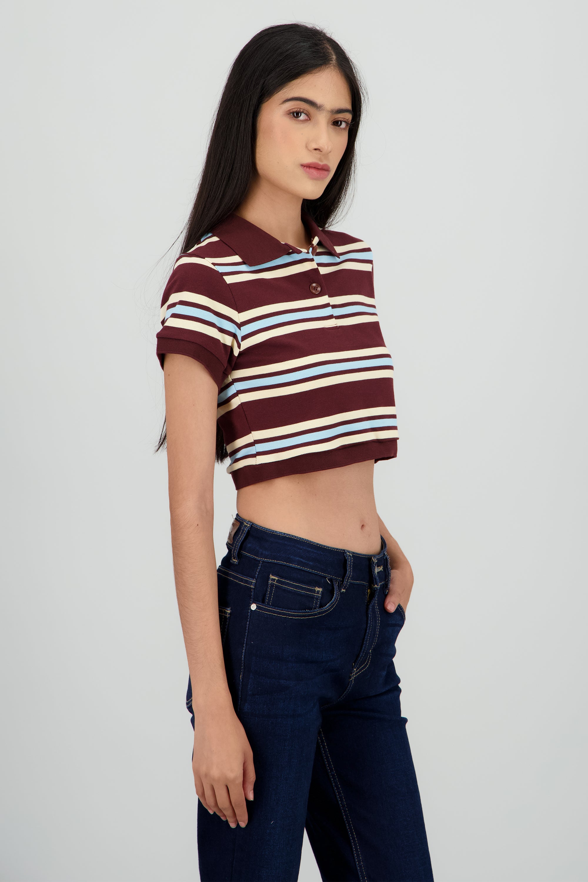 Top cuello polo rayas CHOCOLATE