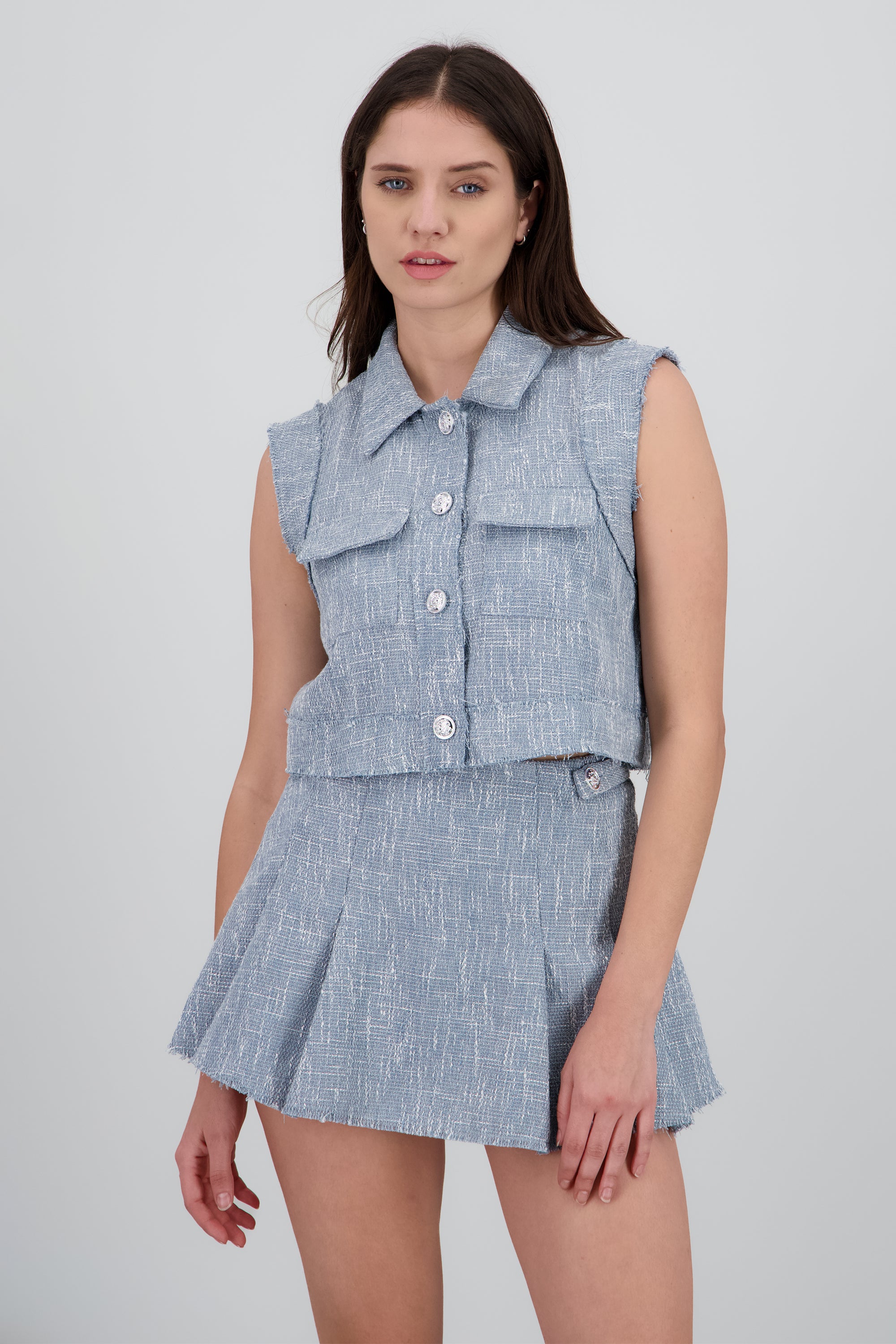 Chaleco tweed detalle botones AZUL