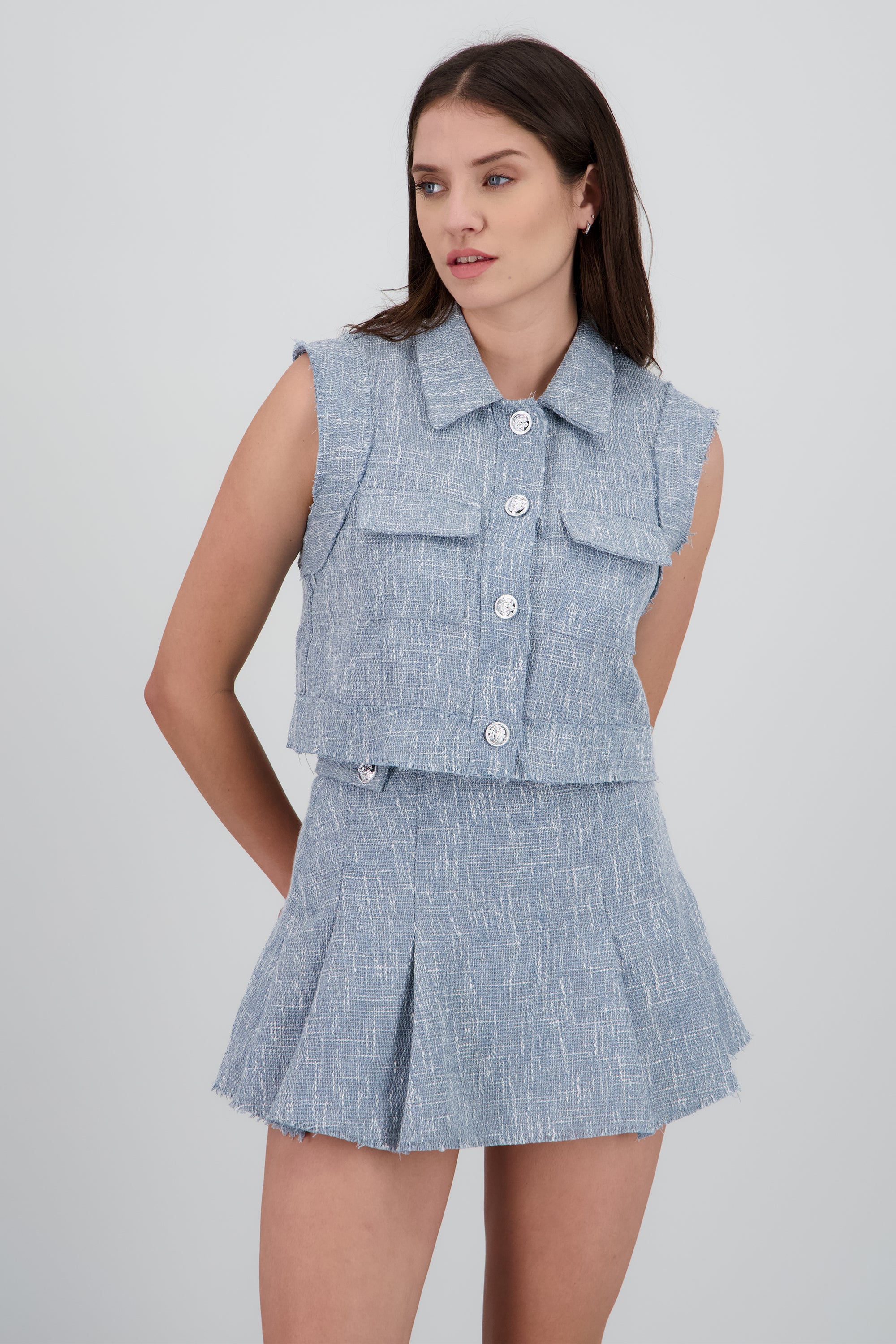 Chaleco tweed detalle botones AZUL