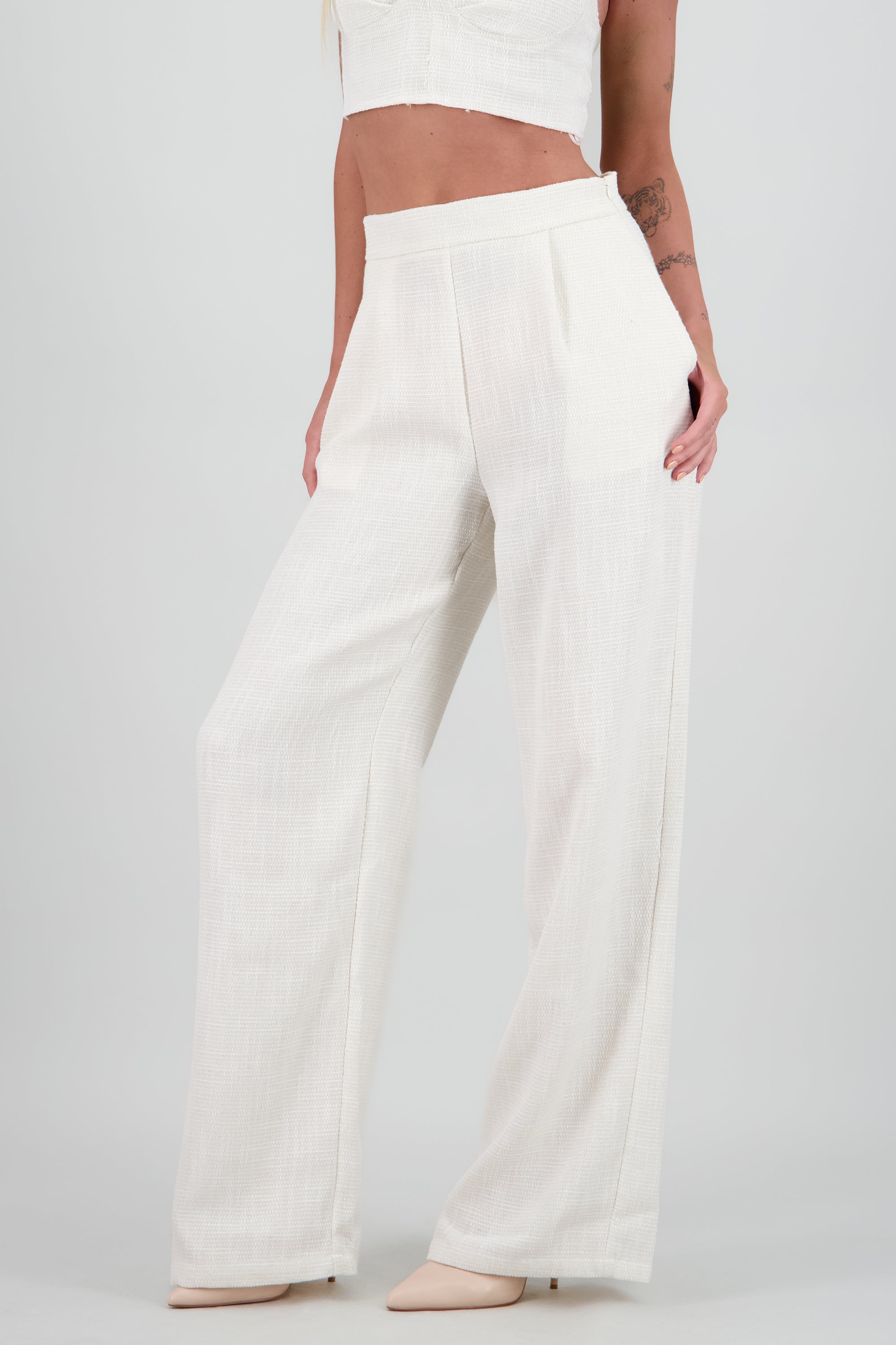 Pantalón wide leg tiro alto tweed BLANCO