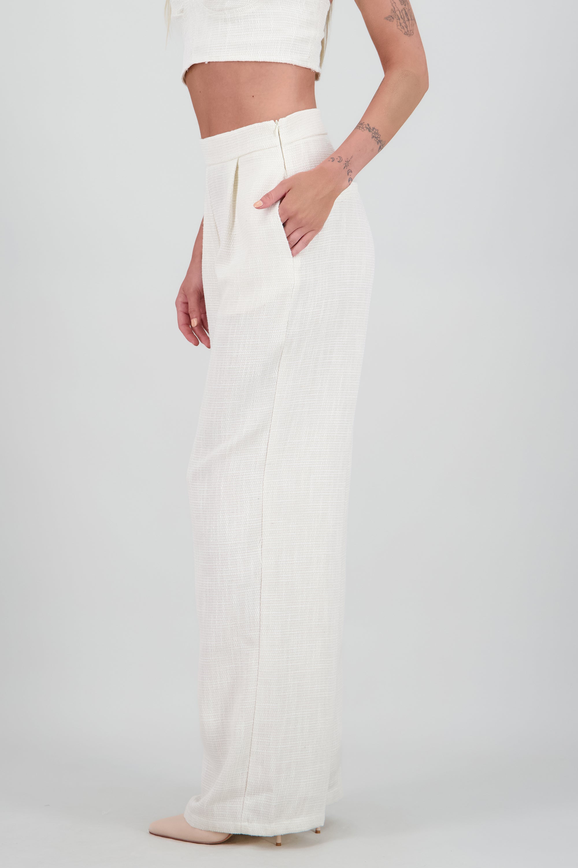 Pantalón wide leg tiro alto tweed BLANCO