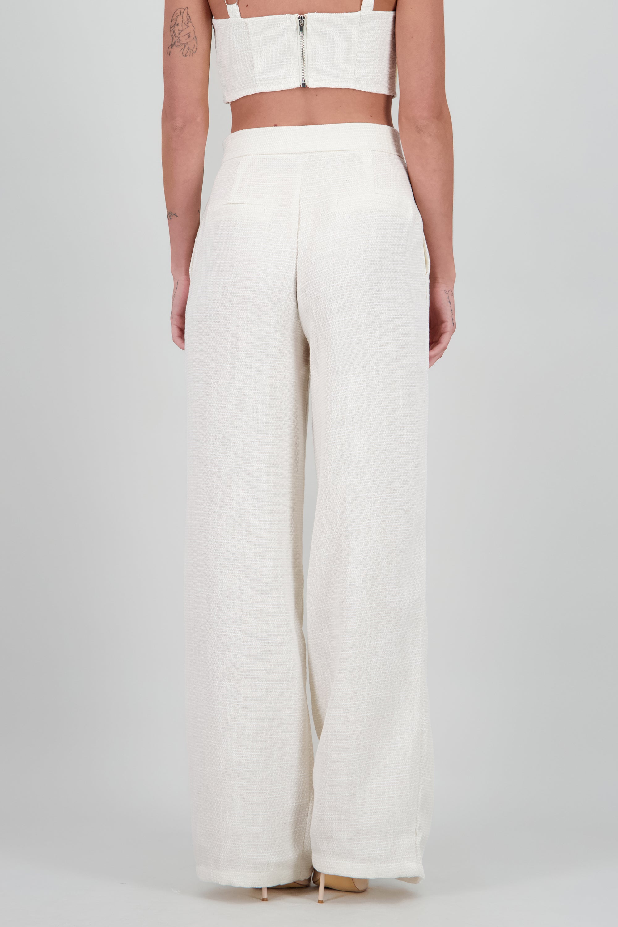 Pantalón wide leg tiro alto tweed BLANCO