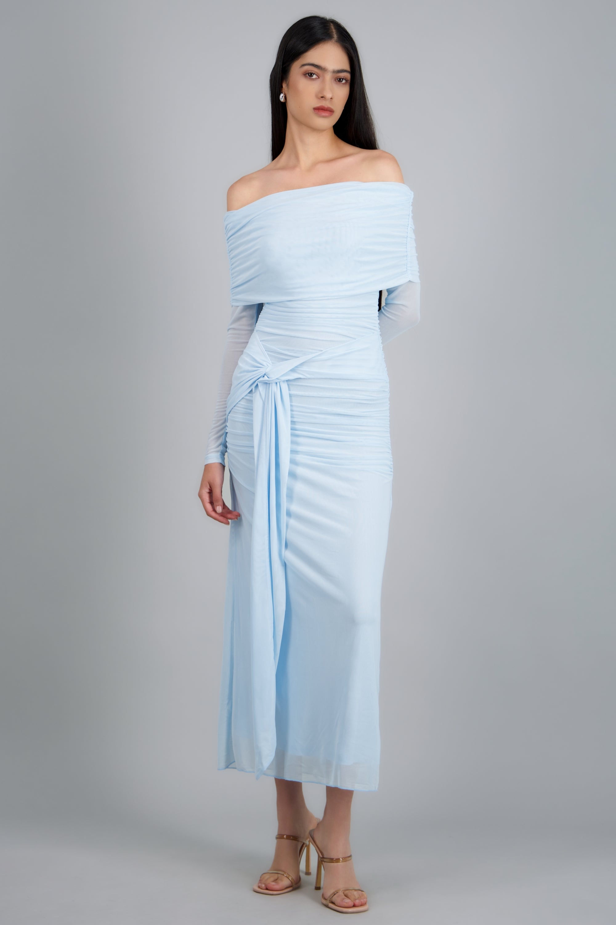 Vestido maxi de mesh con nudo AZUL PASTEL