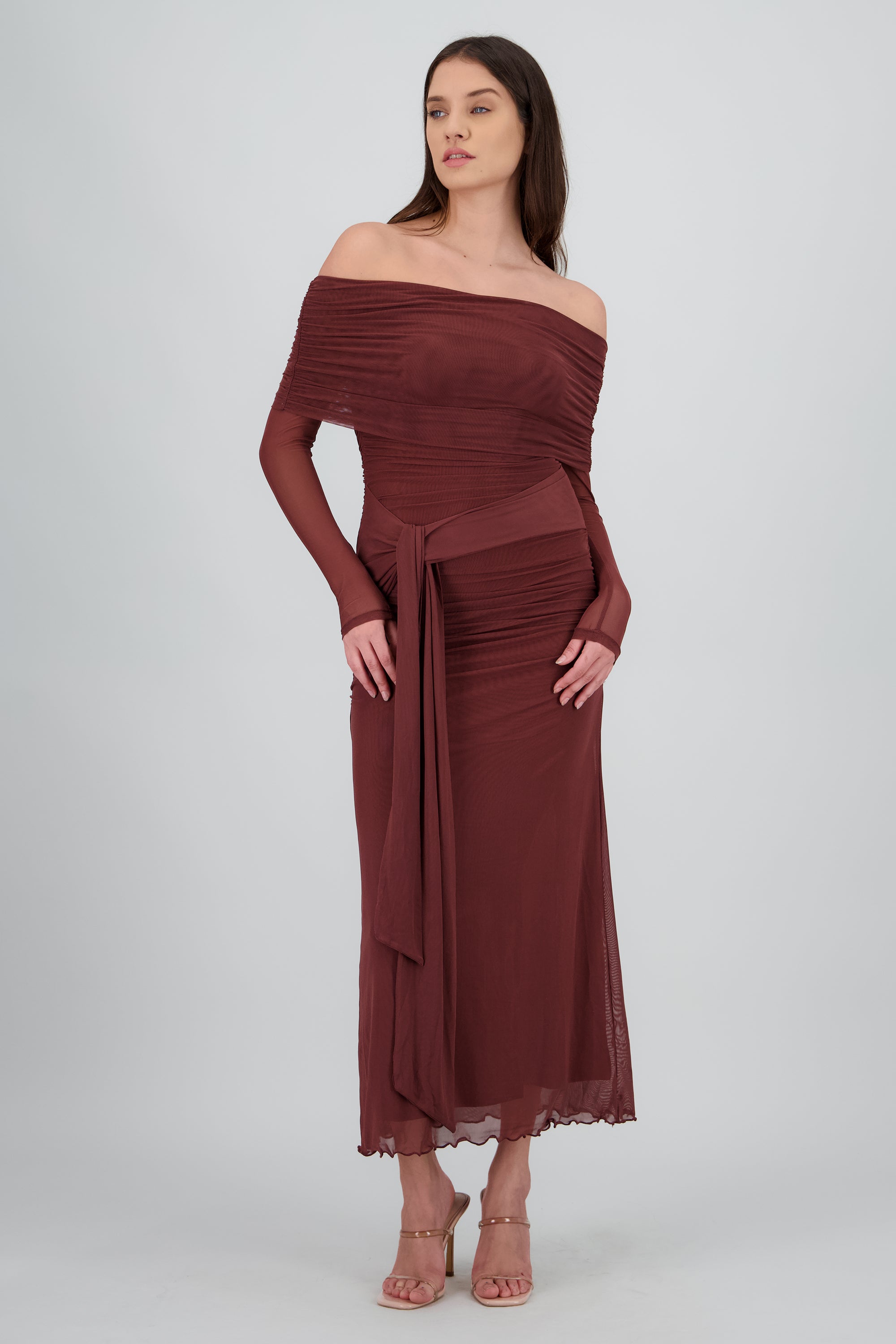 Vestido maxi de mesh con nudo CHOCOLATE