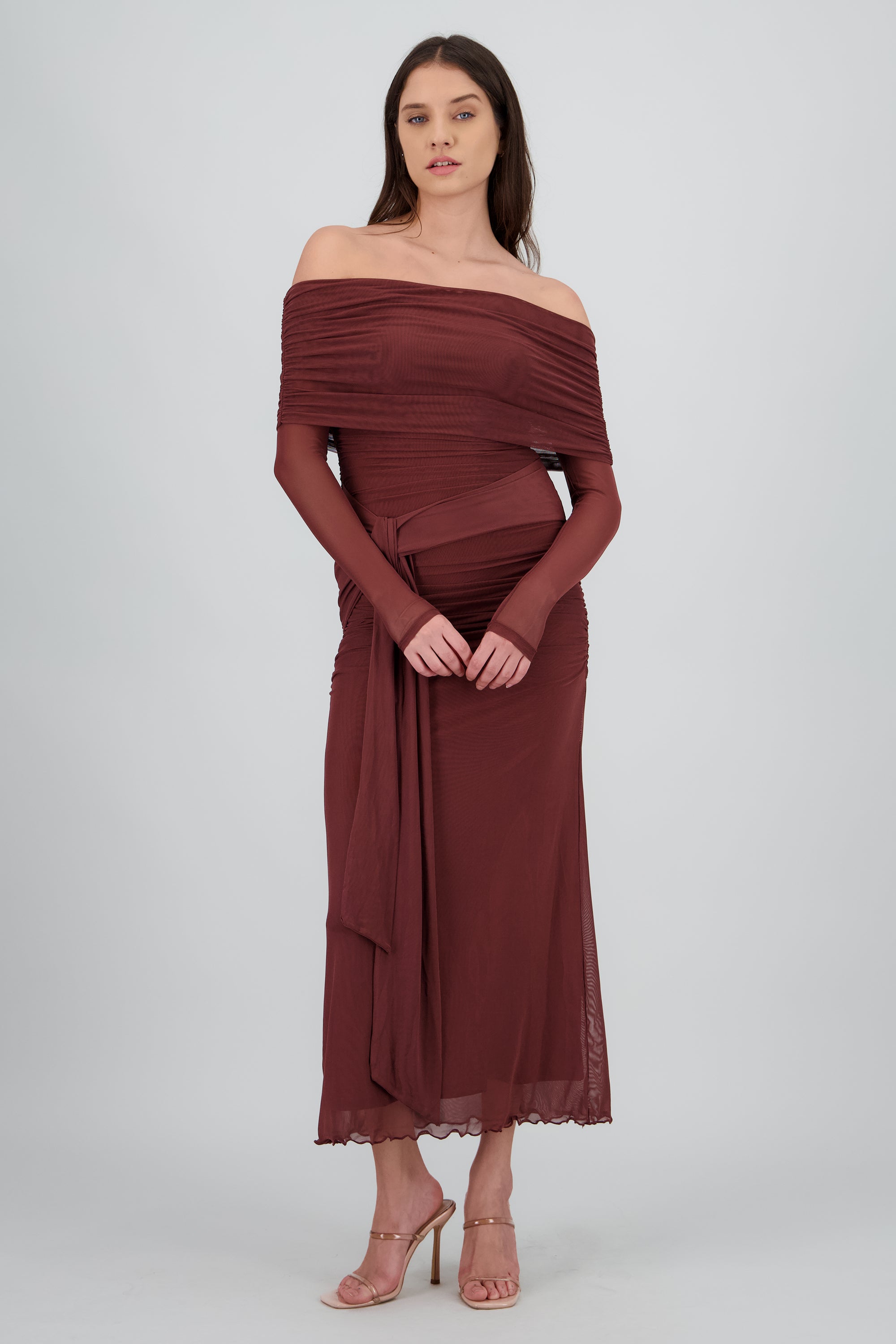 Vestido maxi de mesh con nudo CHOCOLATE