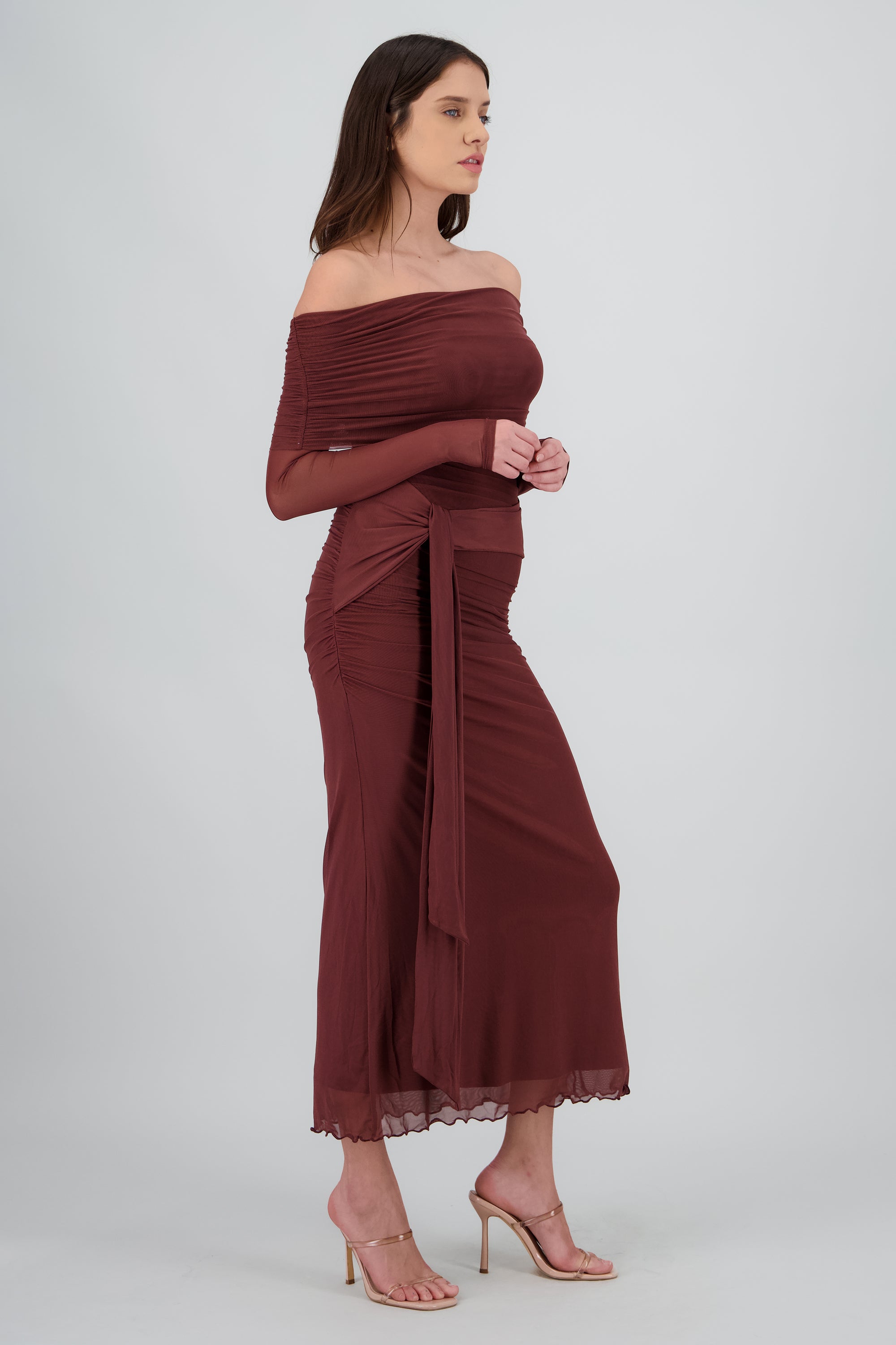 Vestido maxi de mesh con nudo CHOCOLATE