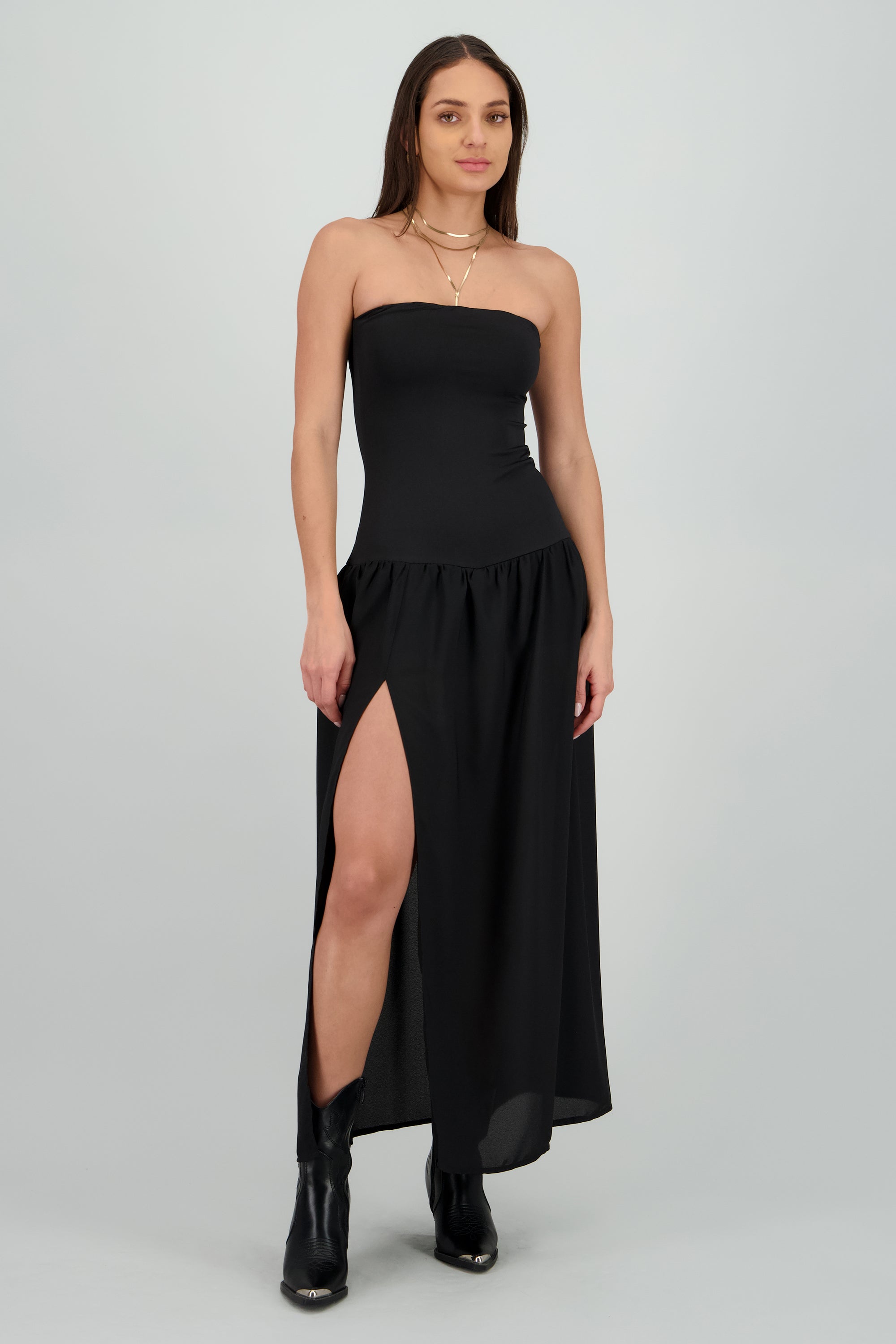 Vestido strapless detalle tela NEGRO