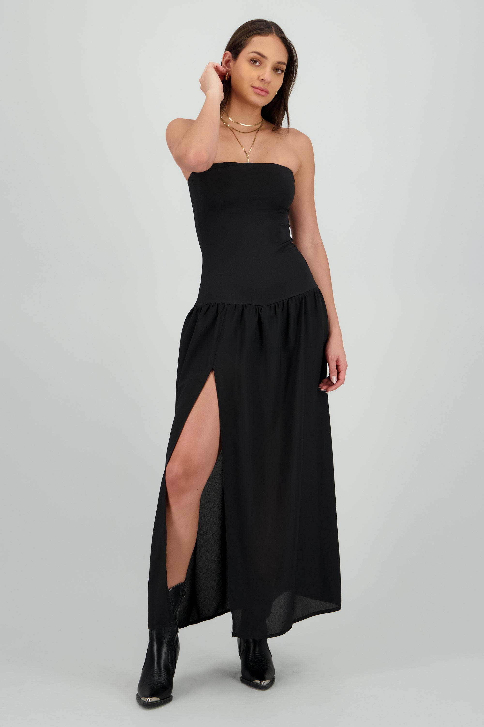 Vestido strapless detalle tela NEGRO