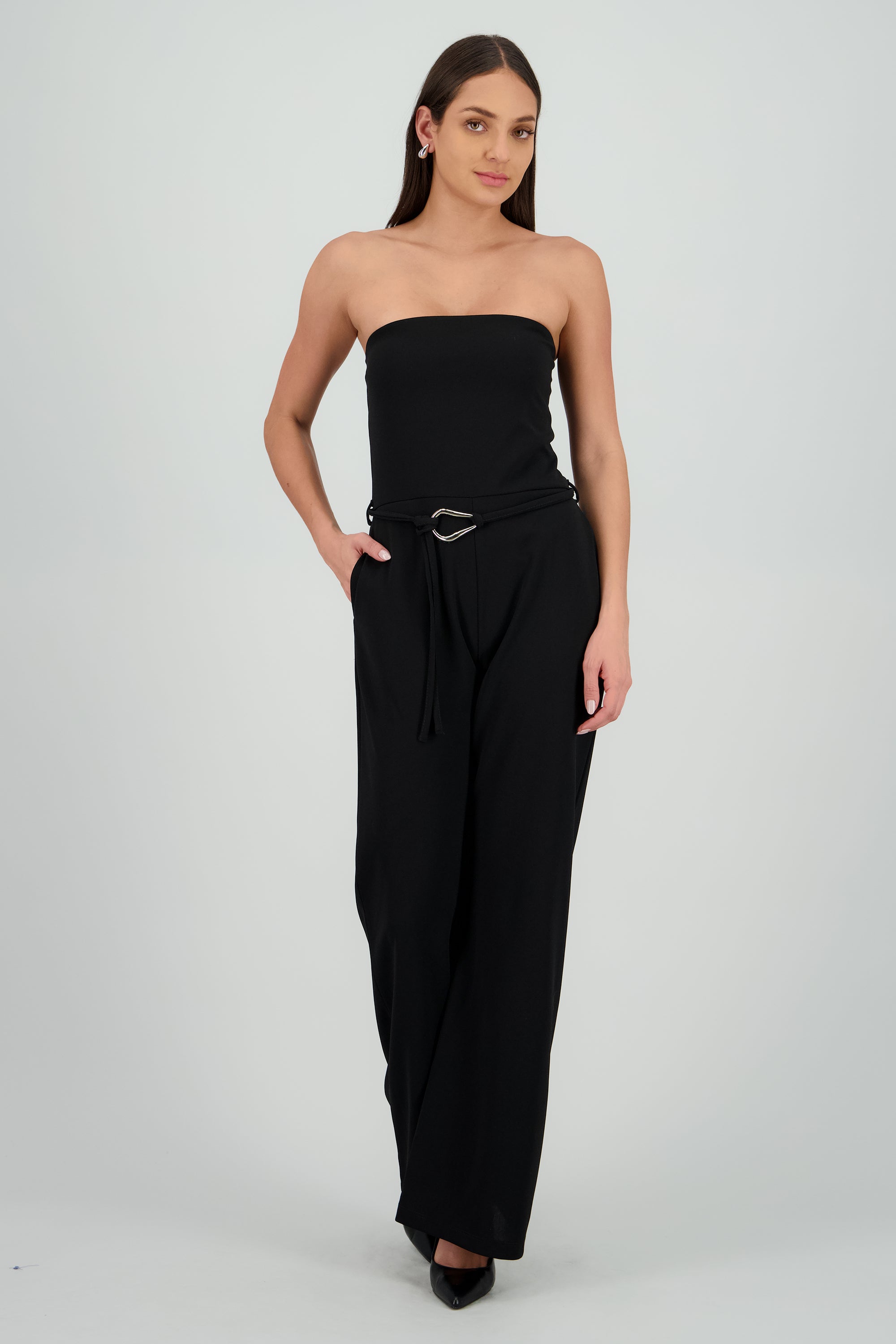 Jumpsuit strapless liso det cinturon NEGRO