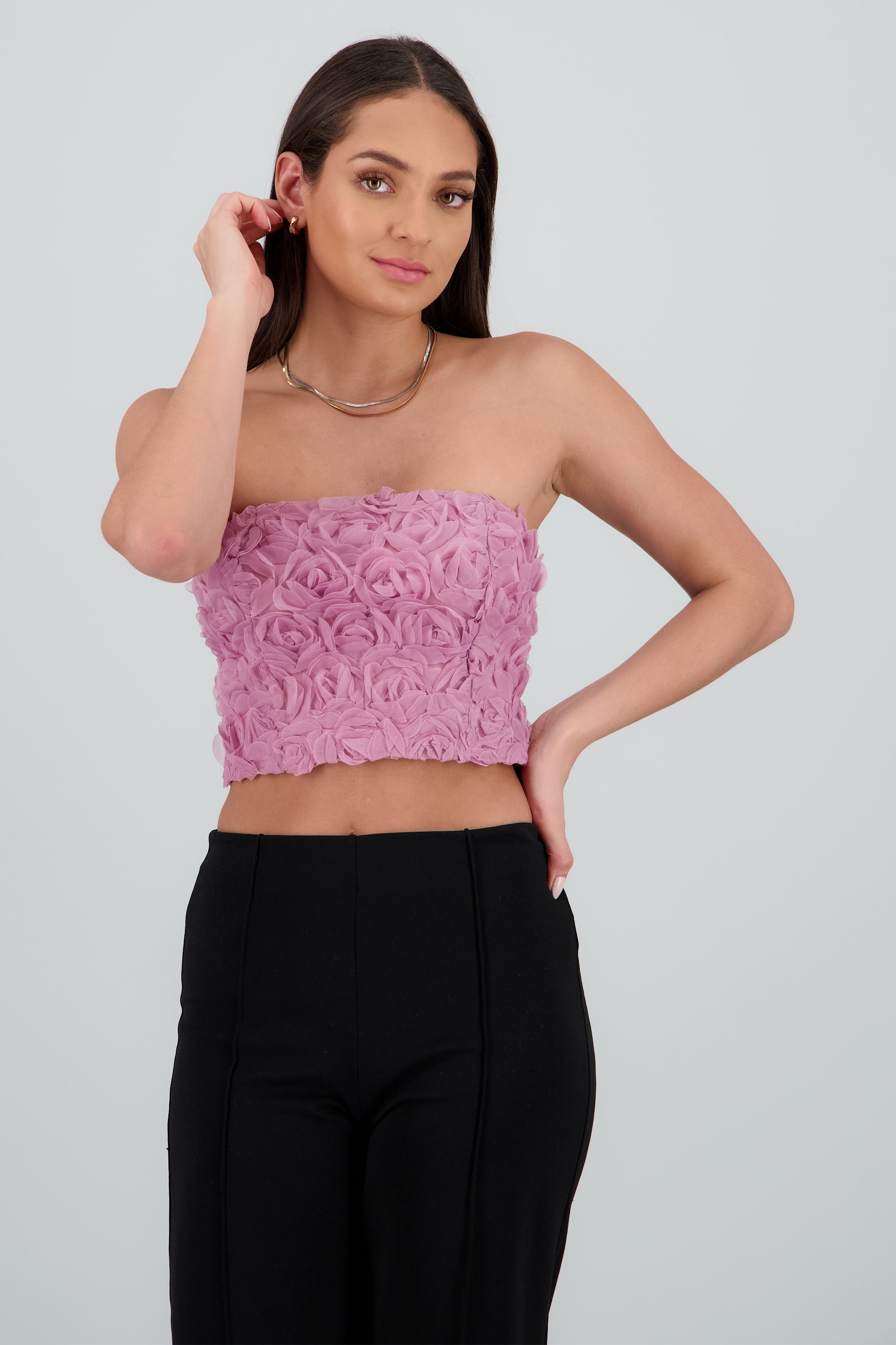 Top strapless flores PALO DE ROSA
