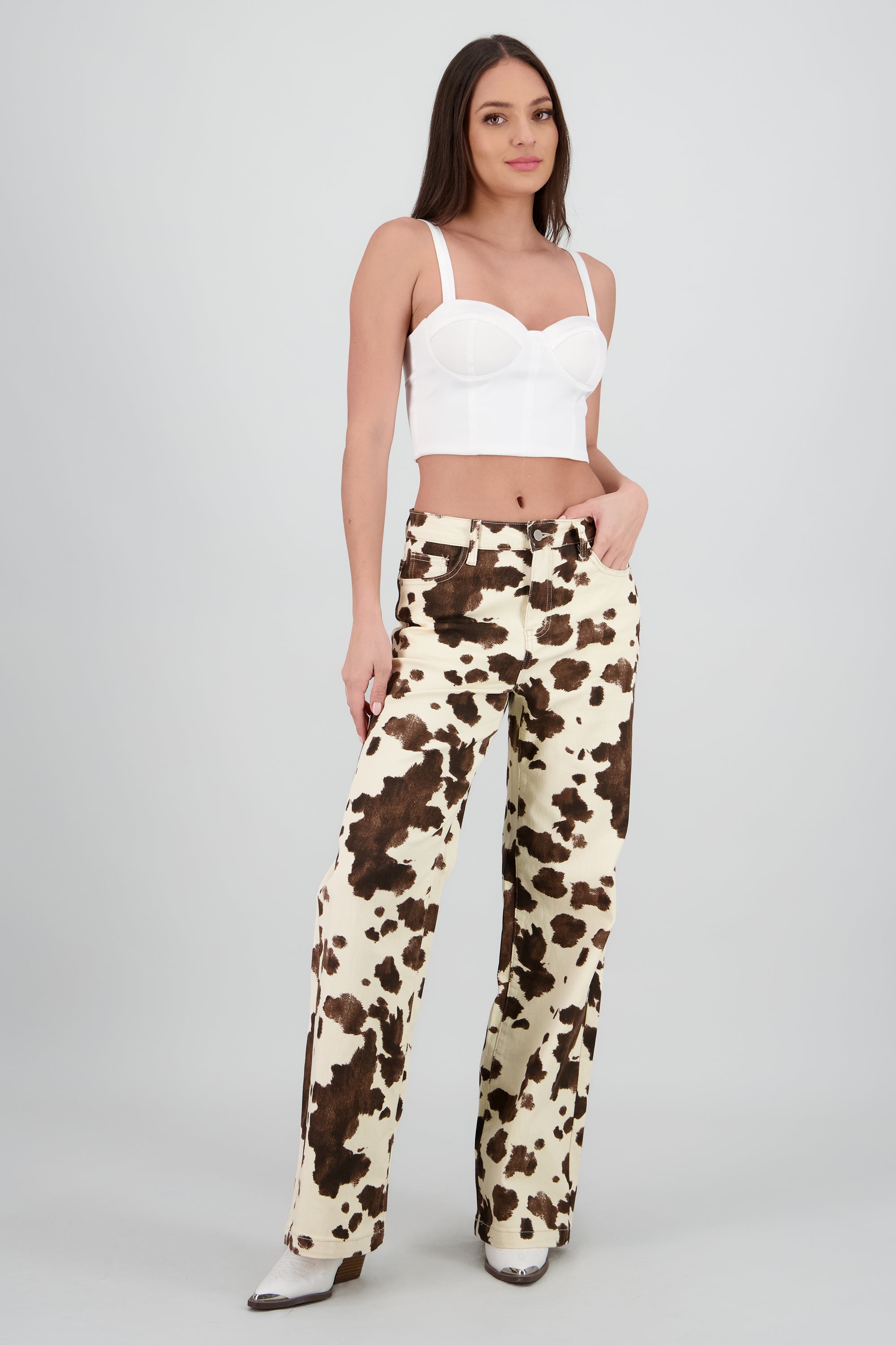 Jeans wide leg print vaca CAFE COMBO