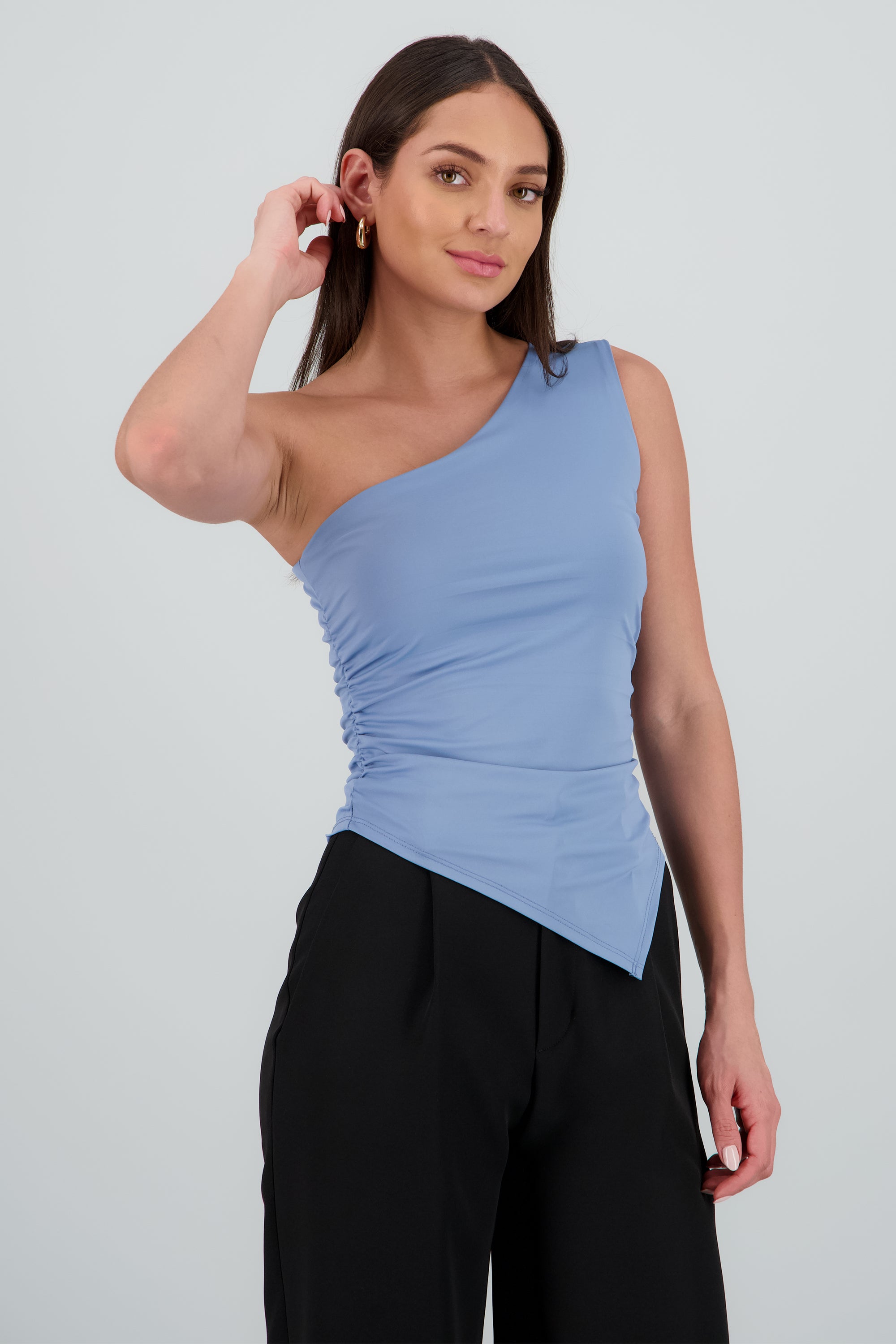 Top un hombro frunce en costados AZUL