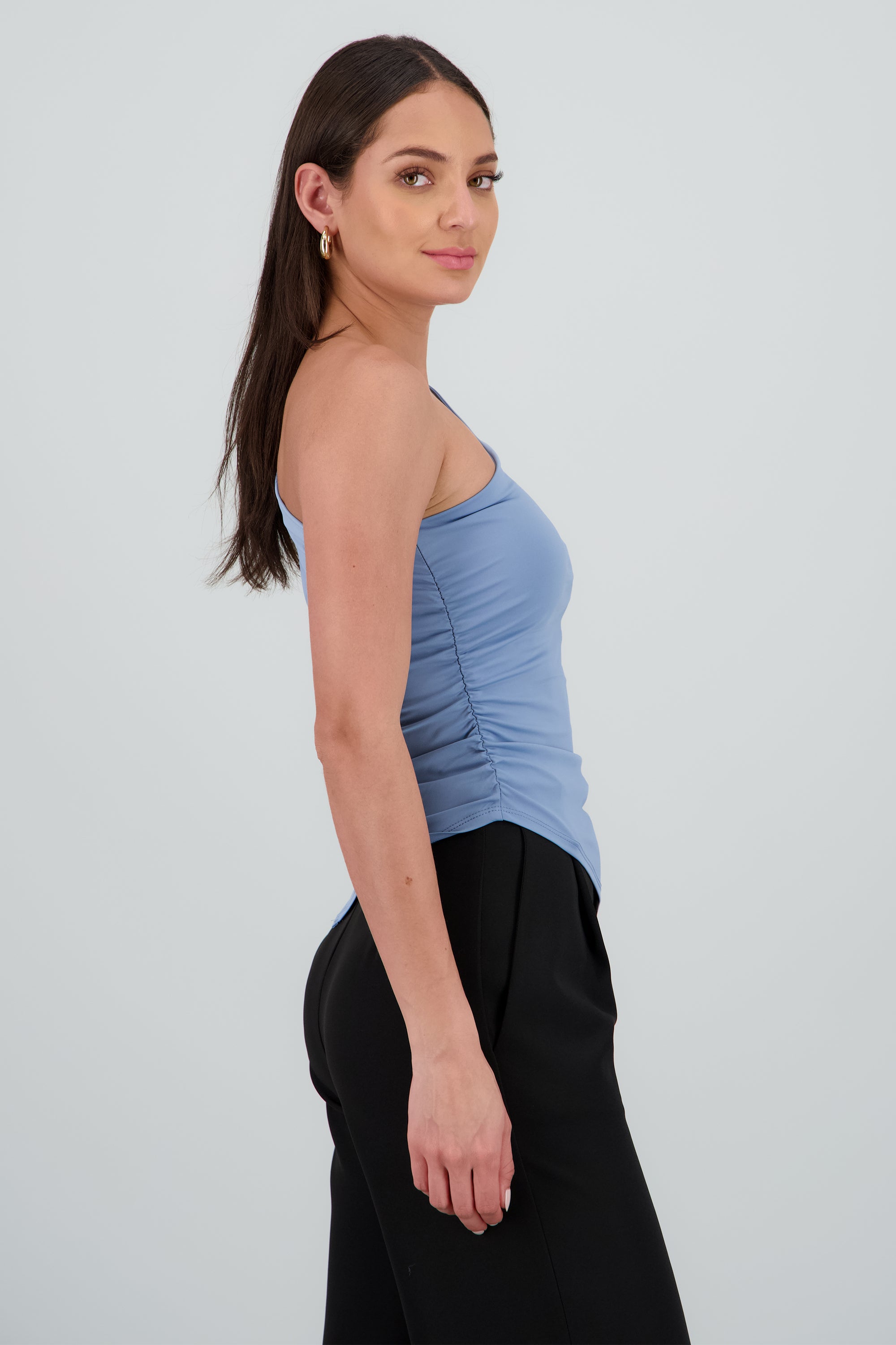 Top un hombro frunce en costados AZUL