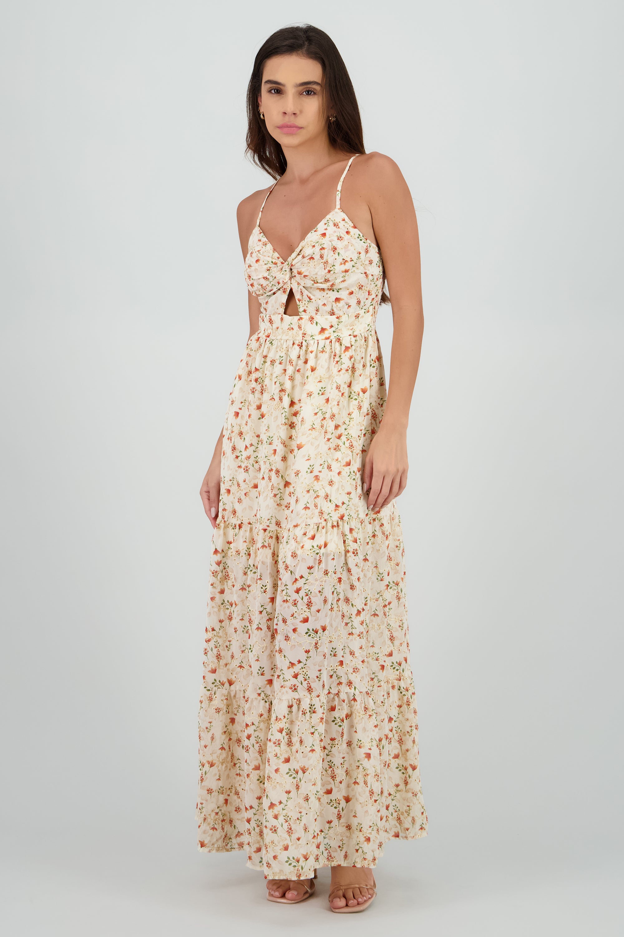 Vestido maxi bordado estampado NARANJA COMBO