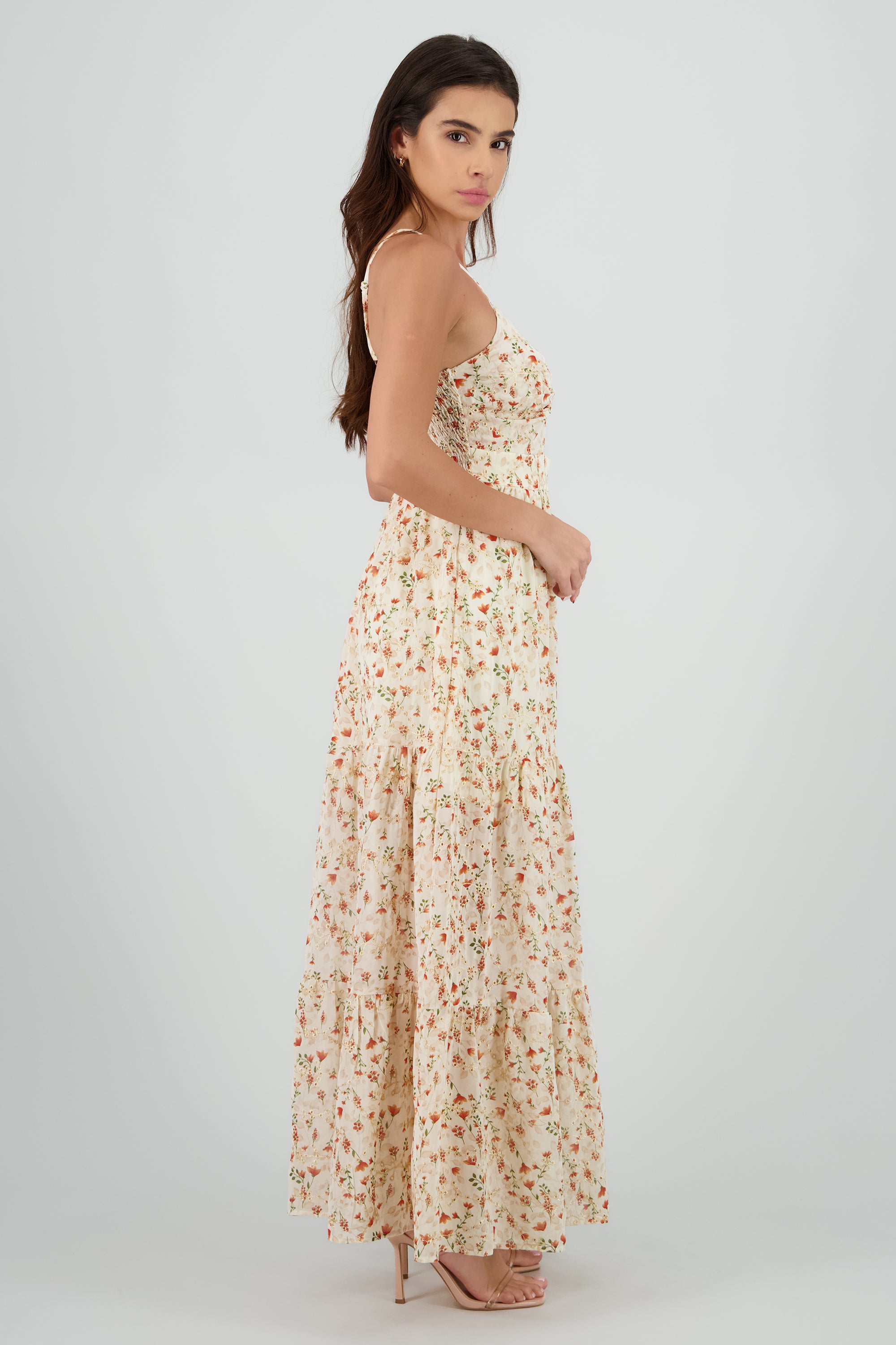 Vestido maxi bordado estampado NARANJA COMBO