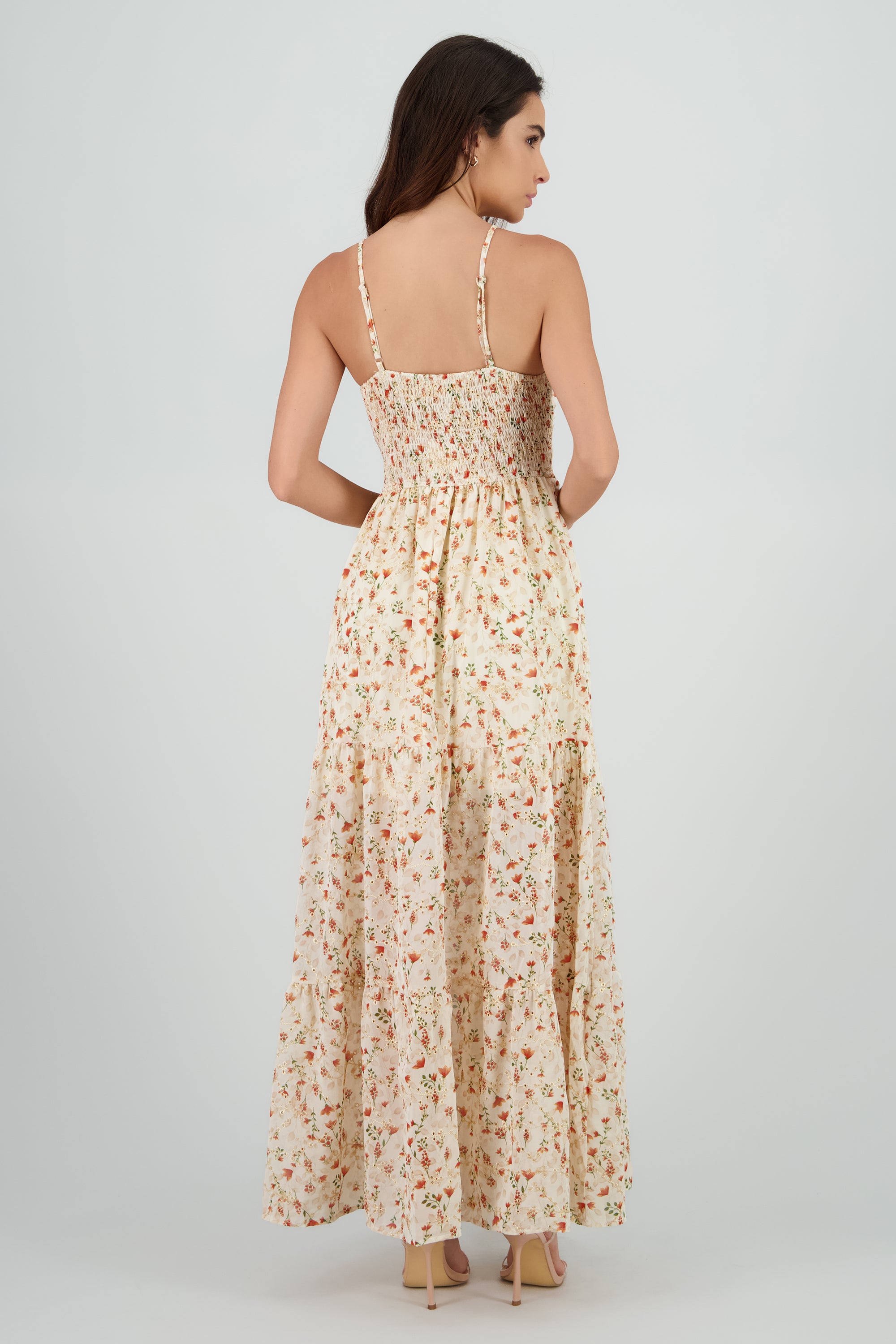 Vestido maxi bordado estampado NARANJA COMBO