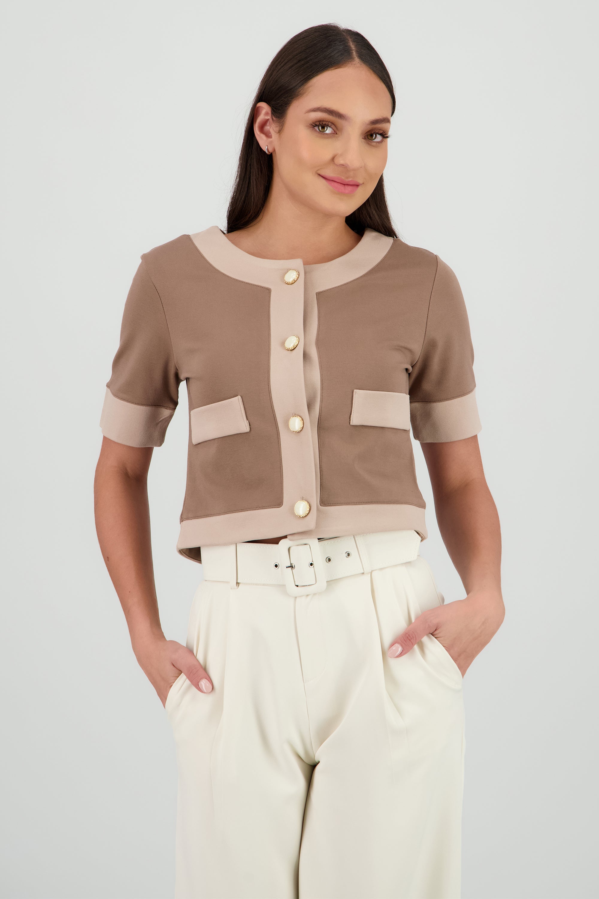 Top botones manga corta TAUPE