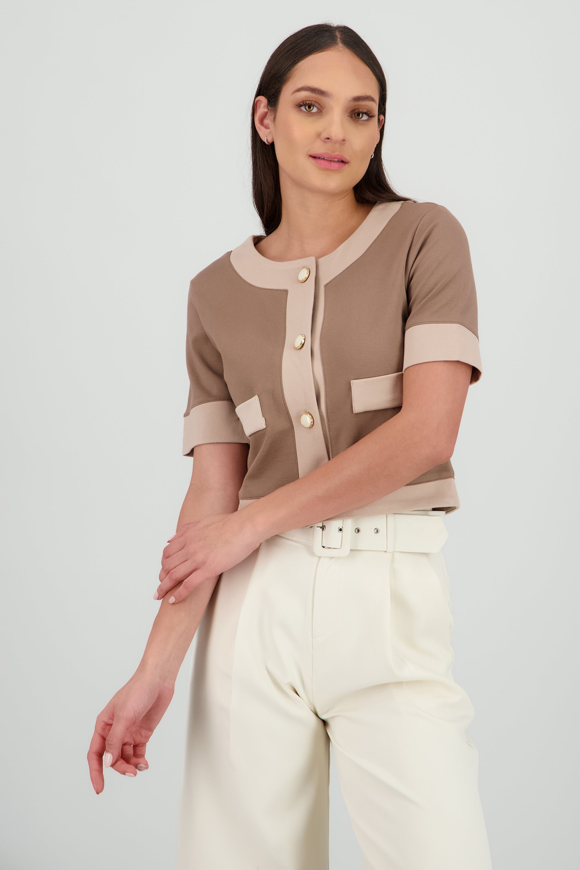 Top botones manga corta TAUPE