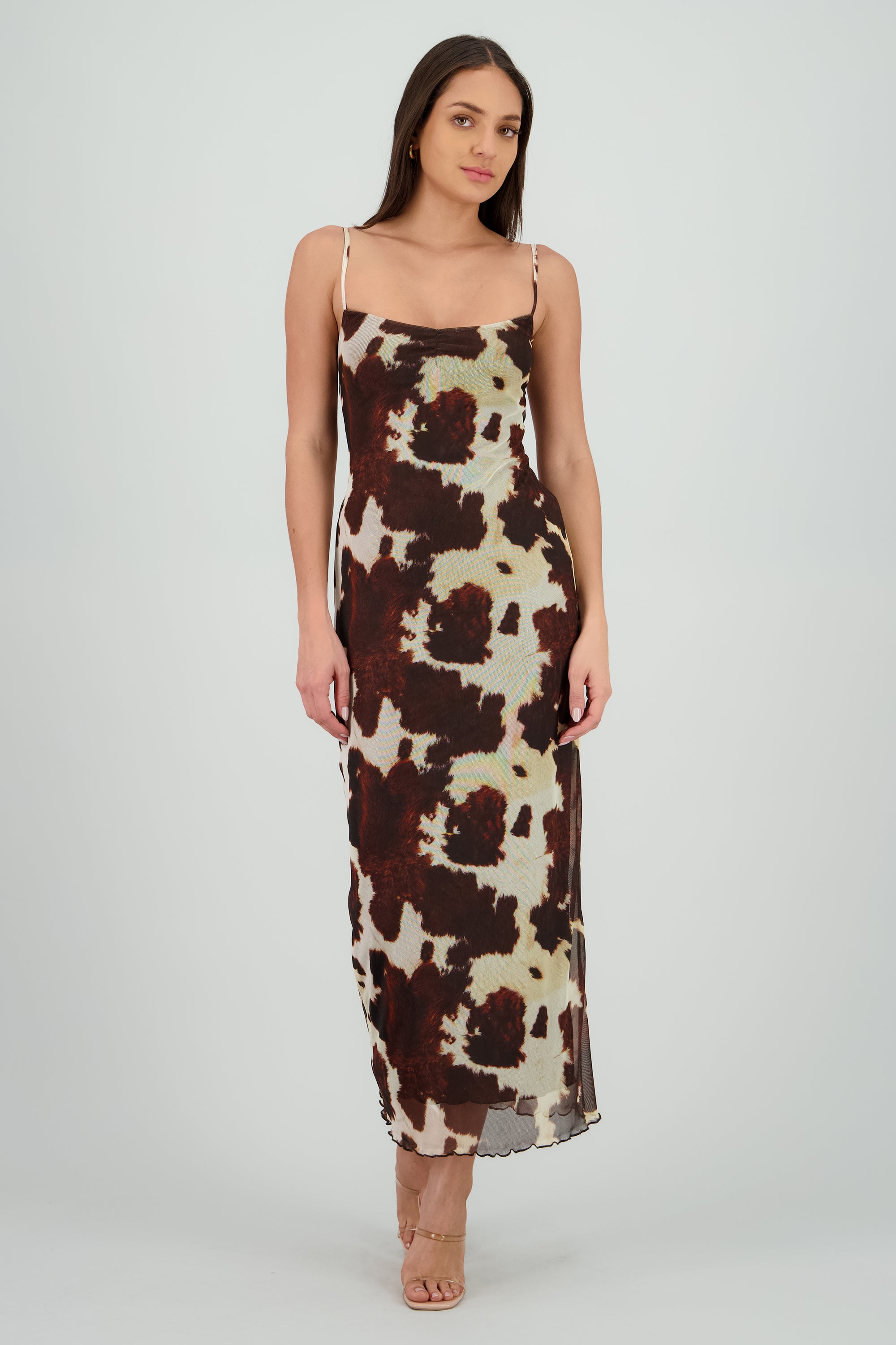 Animal Print Vestido Estampado Vaca Vestido Midi Escote V Animal Print