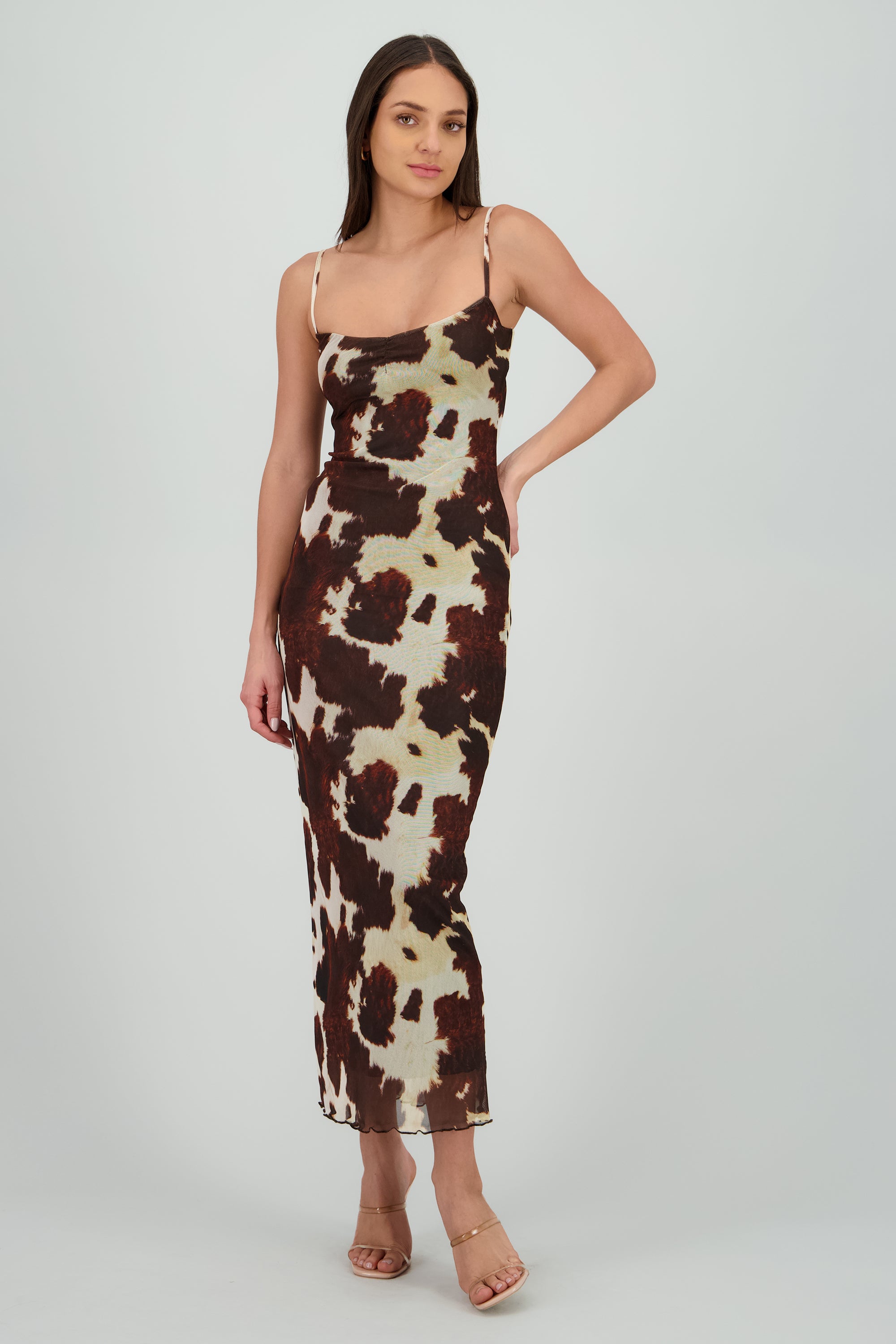 Vestido midi escote v animal print CAFE COMBO