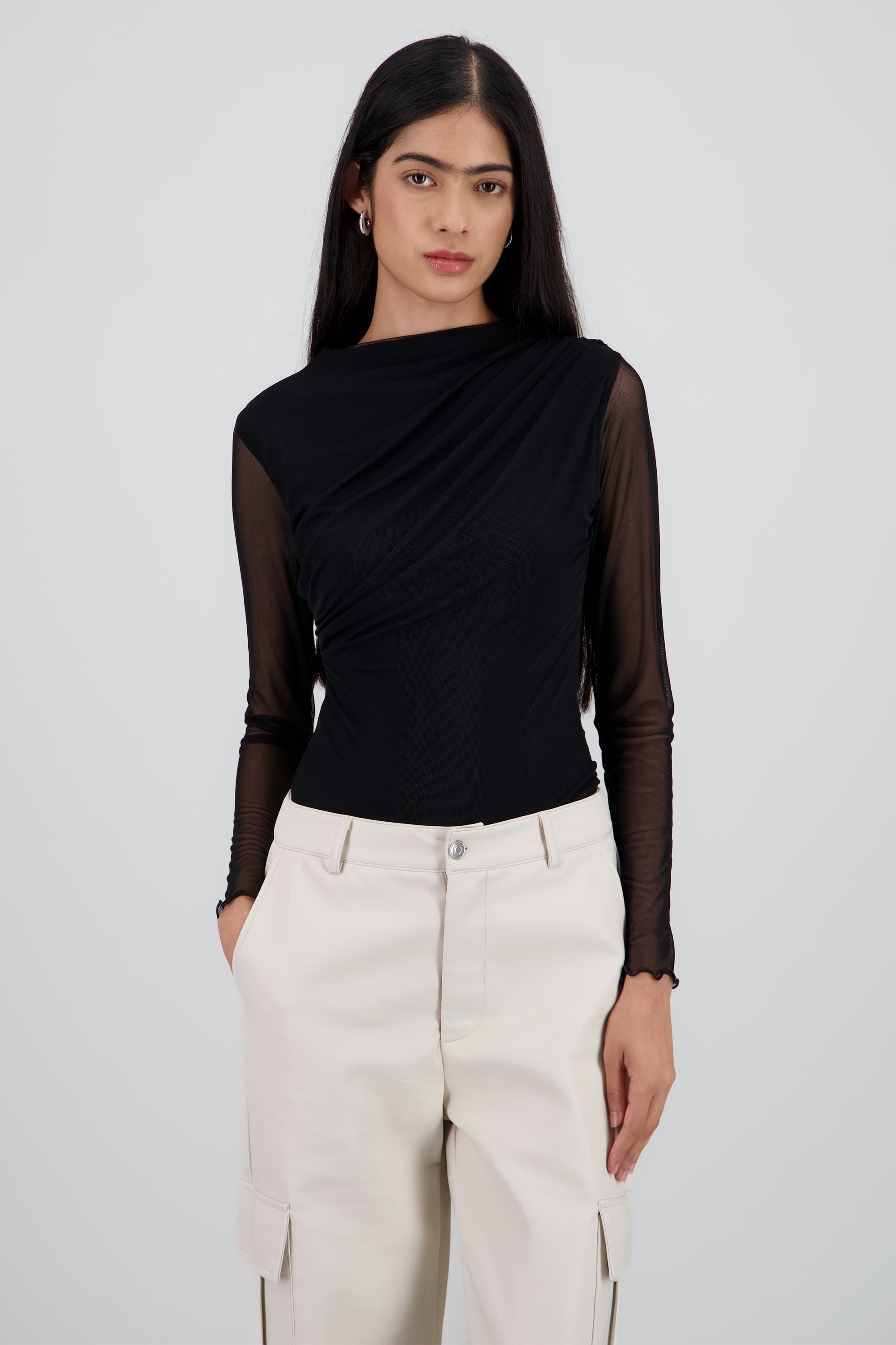 Bodysuit drapeado mesh sin mangas NEGRO