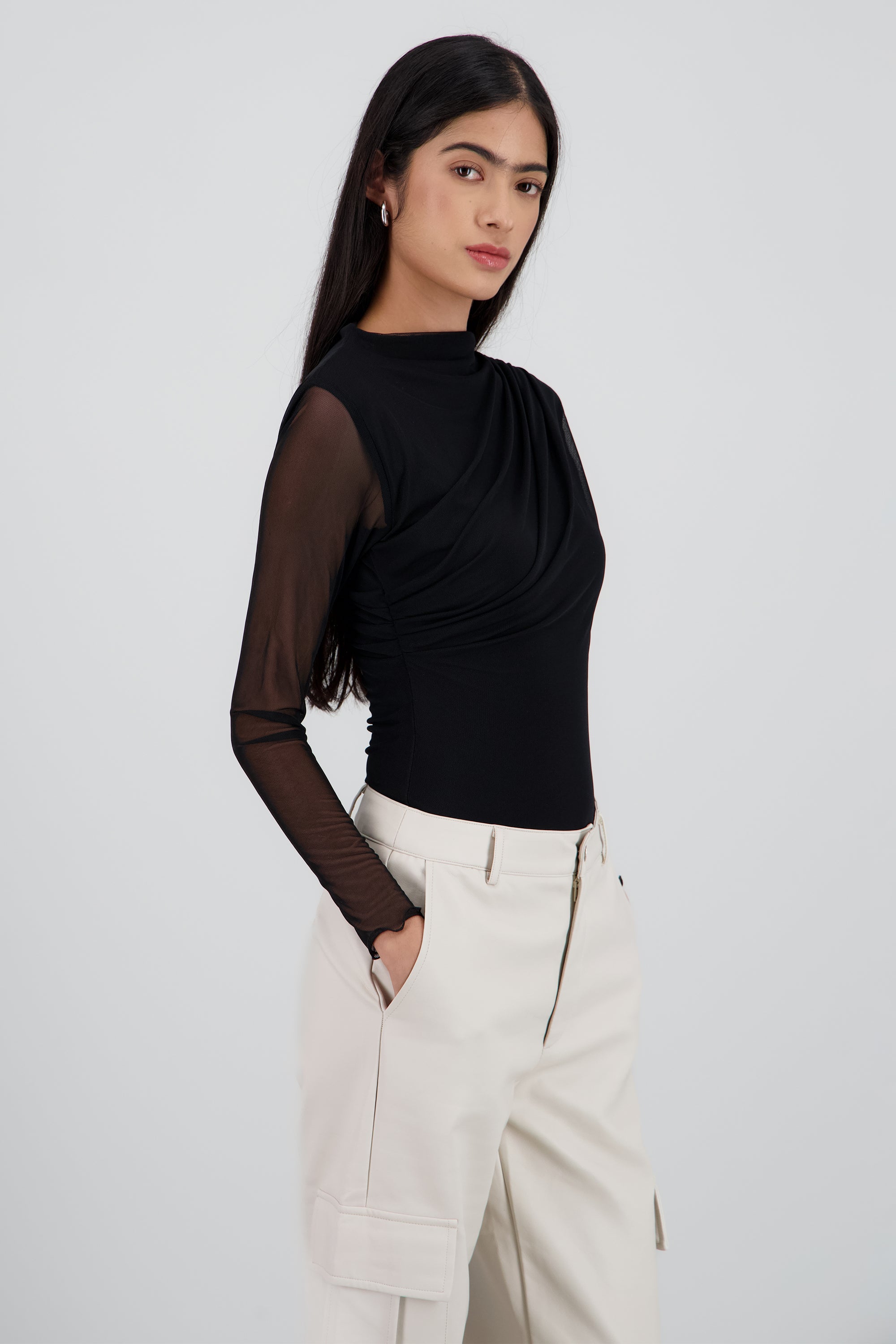 Bodysuit drapeado mesh sin mangas NEGRO