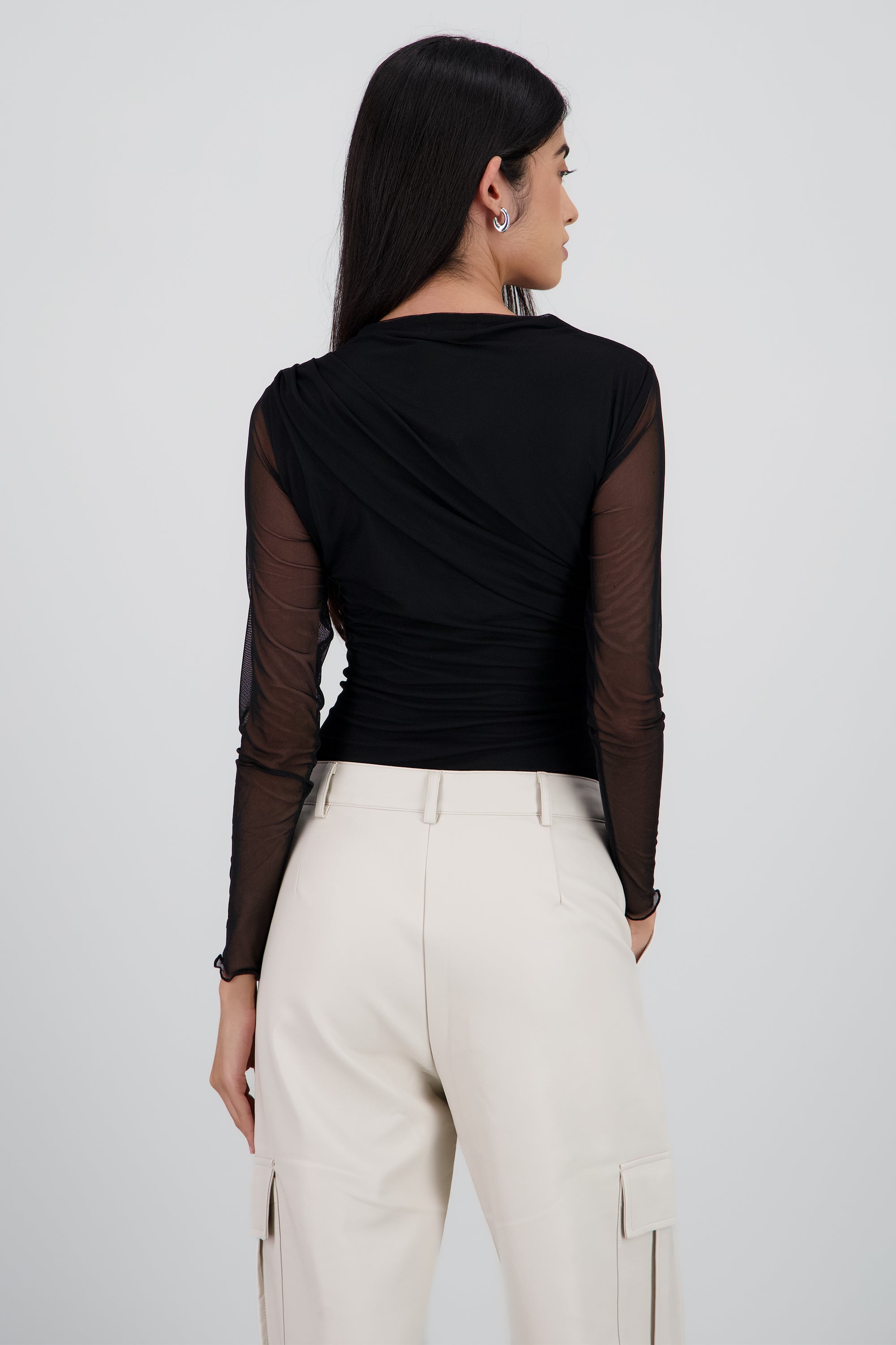 Bodysuit drapeado mesh sin mangas NEGRO