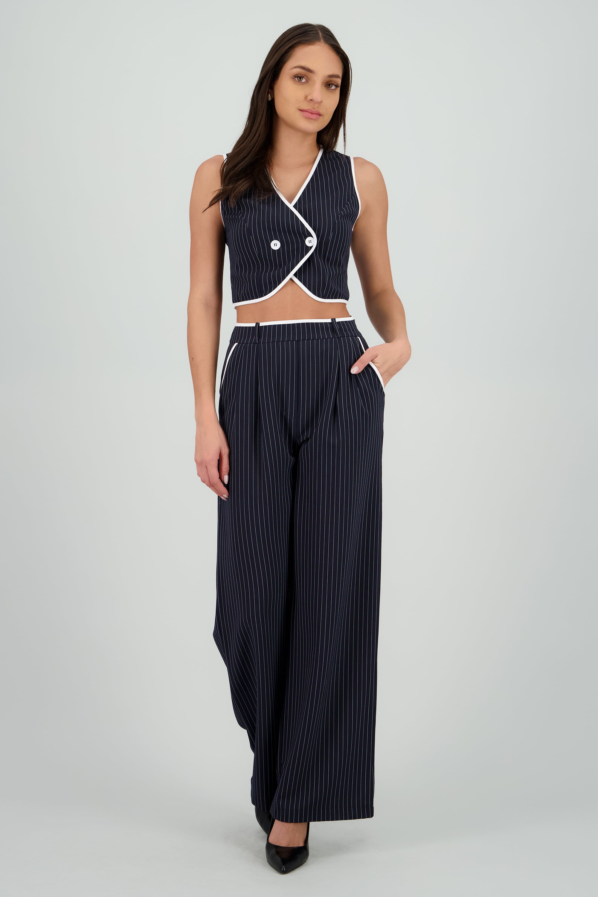 Pantalon con pinzas de rayas con contrastes MARINO COMBO