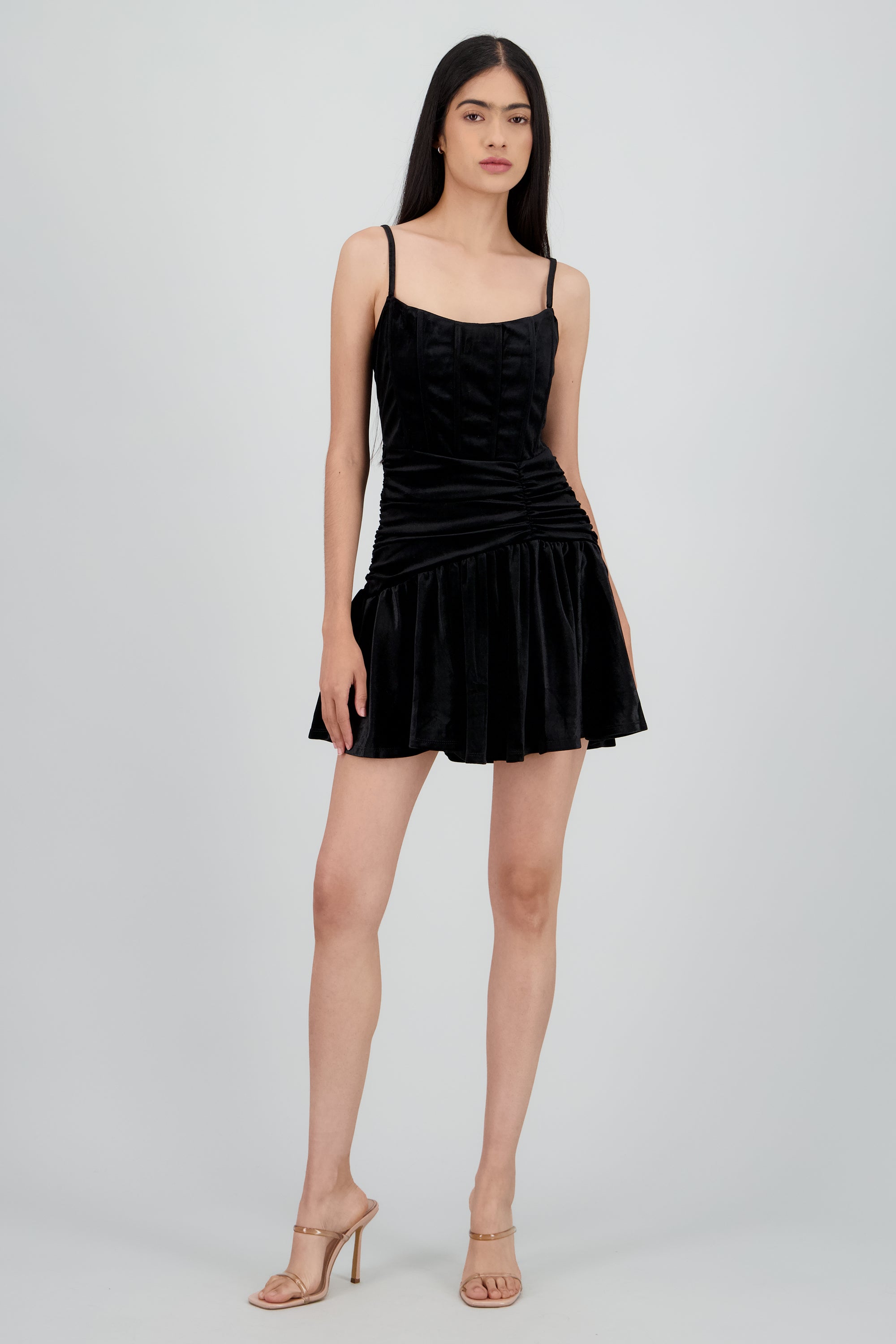 Vestido velvet detalle frunce tirantes NEGRO