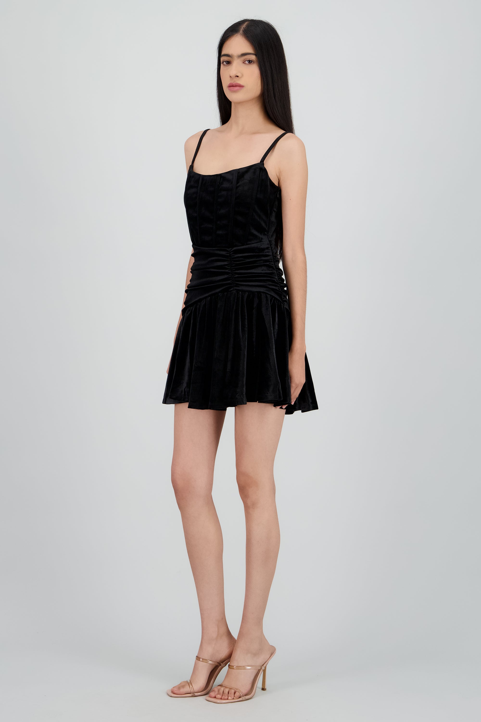 Vestido velvet detalle frunce tirantes NEGRO