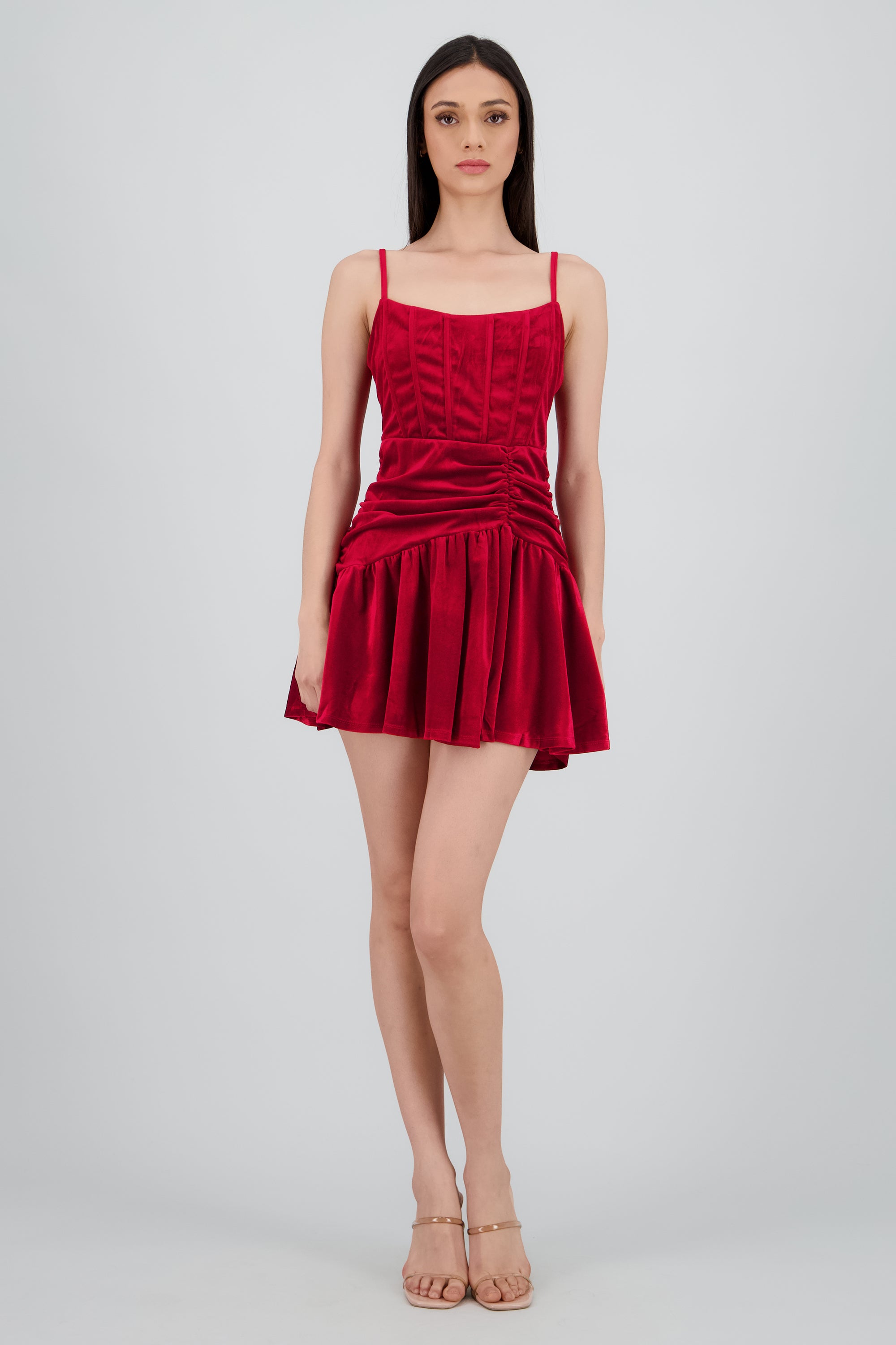 Vestido velvet detalle frunce tirantes VINO