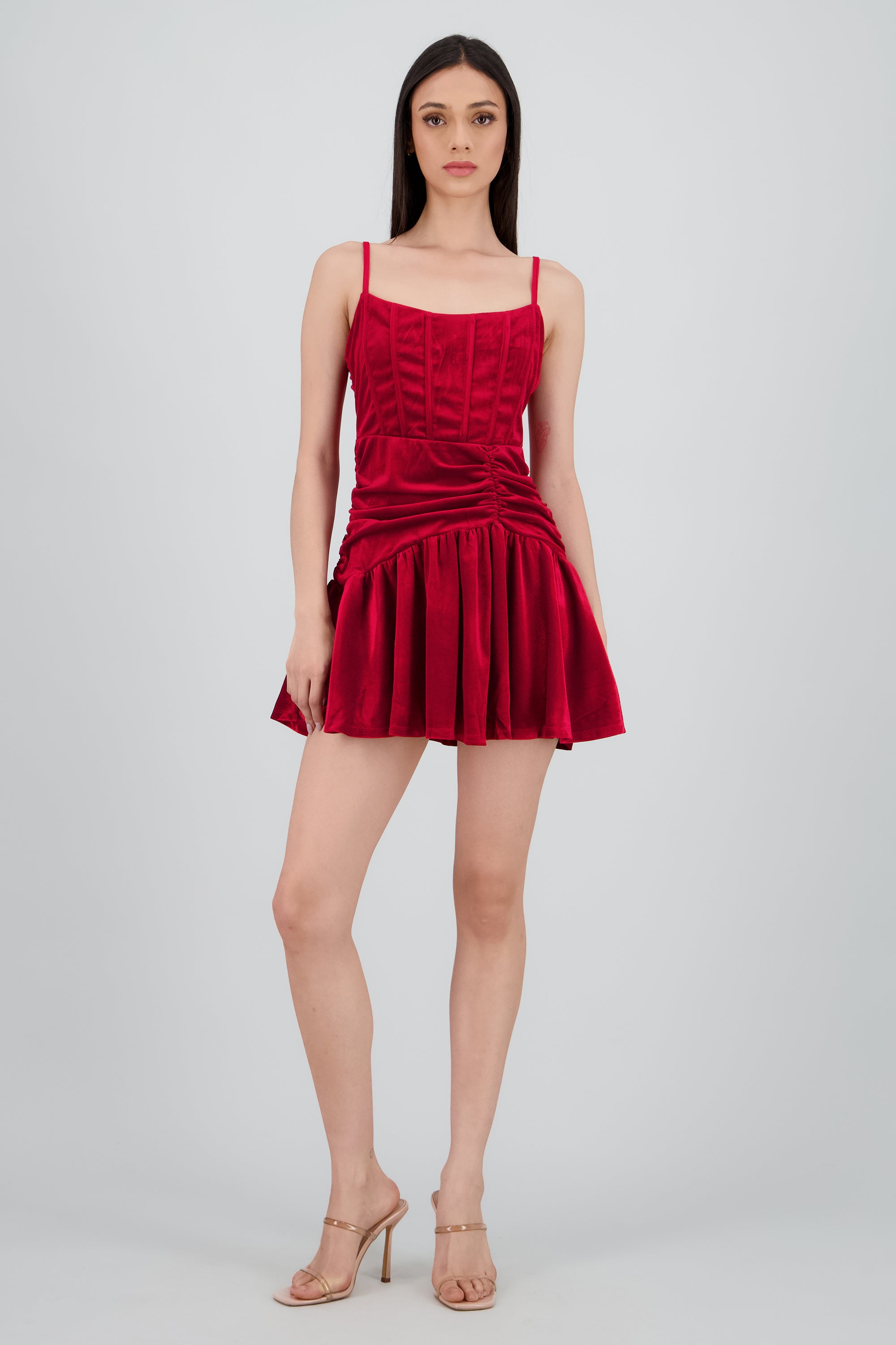 Vestido velvet detalle frunce tirantes VINO