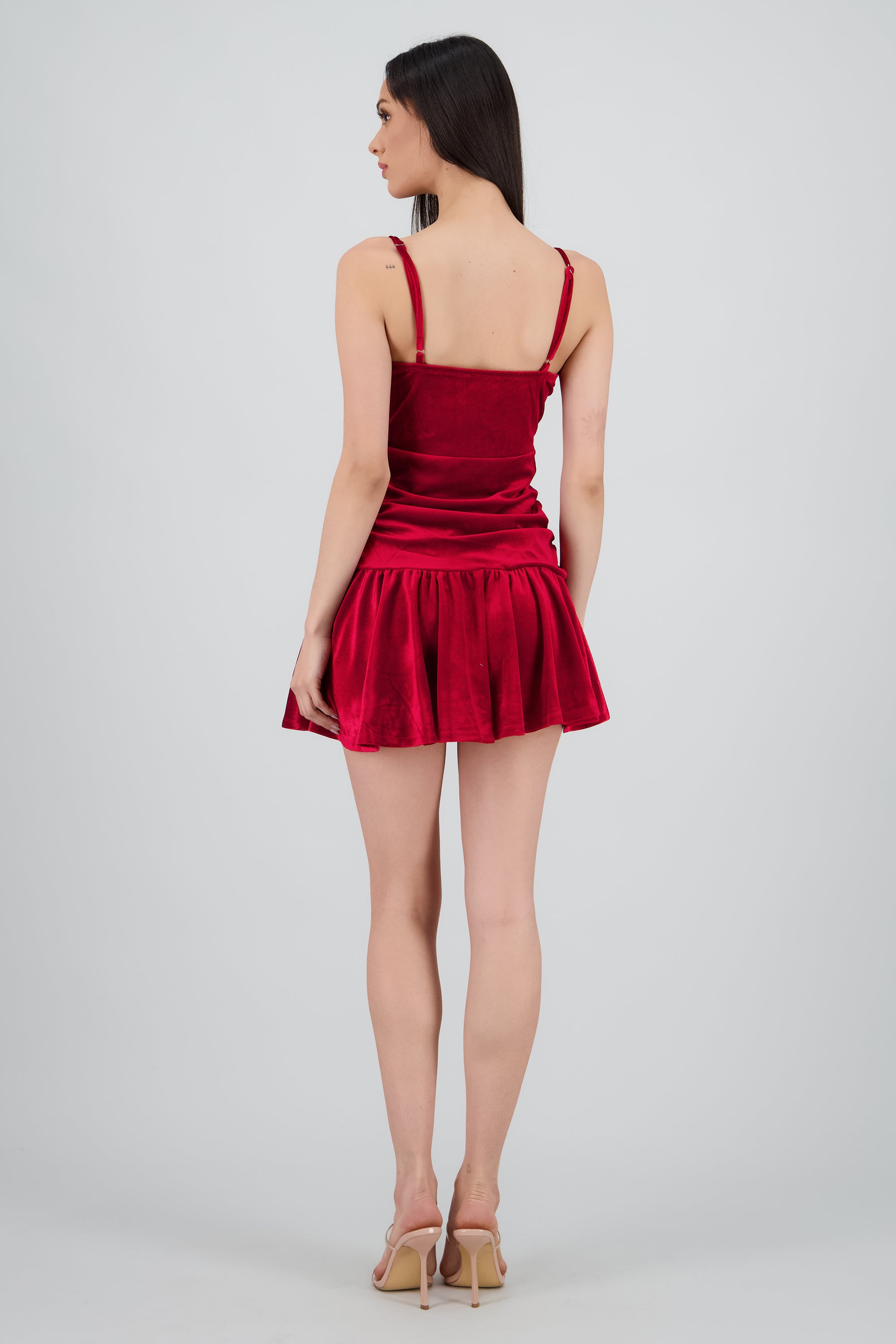 Vestido velvet detalle frunce tirantes VINO