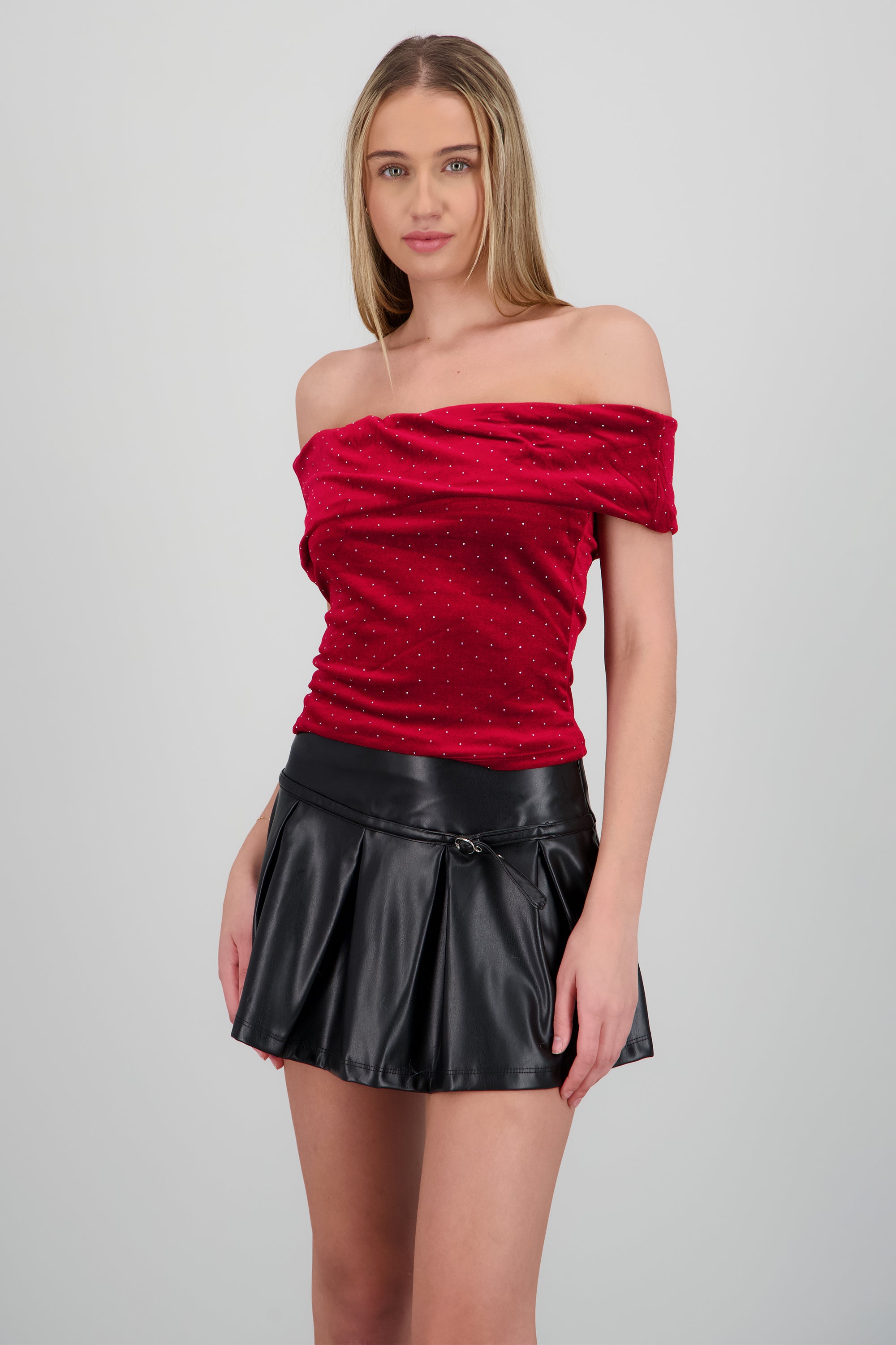 Top velvet off shoulder brillos manga corta VINO