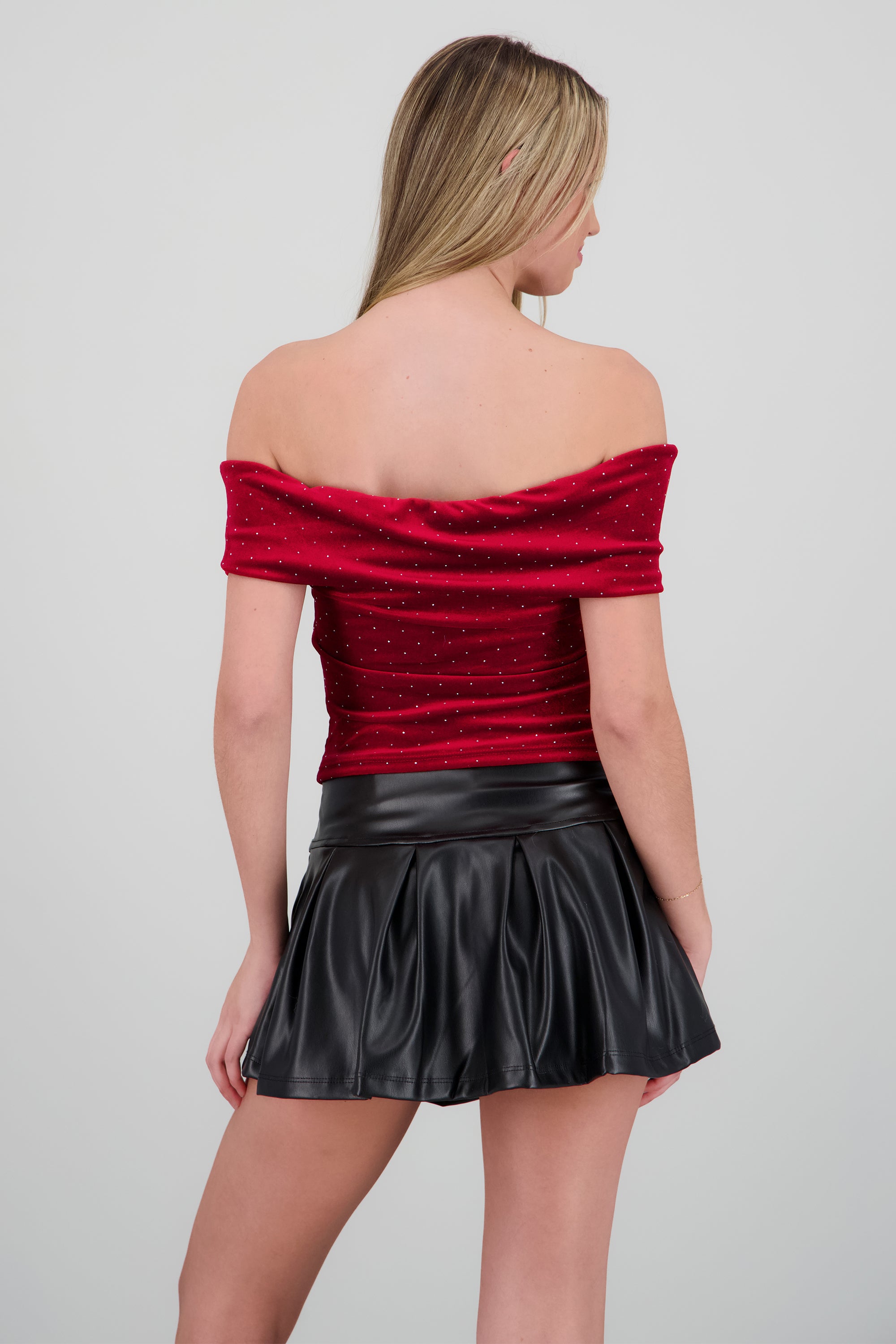 Top velvet off shoulder brillos manga corta VINO